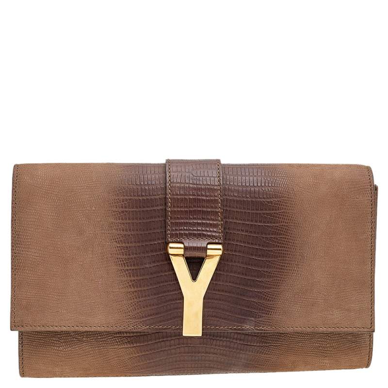 مملوكة مسبقًا Yves Saint Laurent Brown Lizard Embossed Leather Y-Ligne Clutch