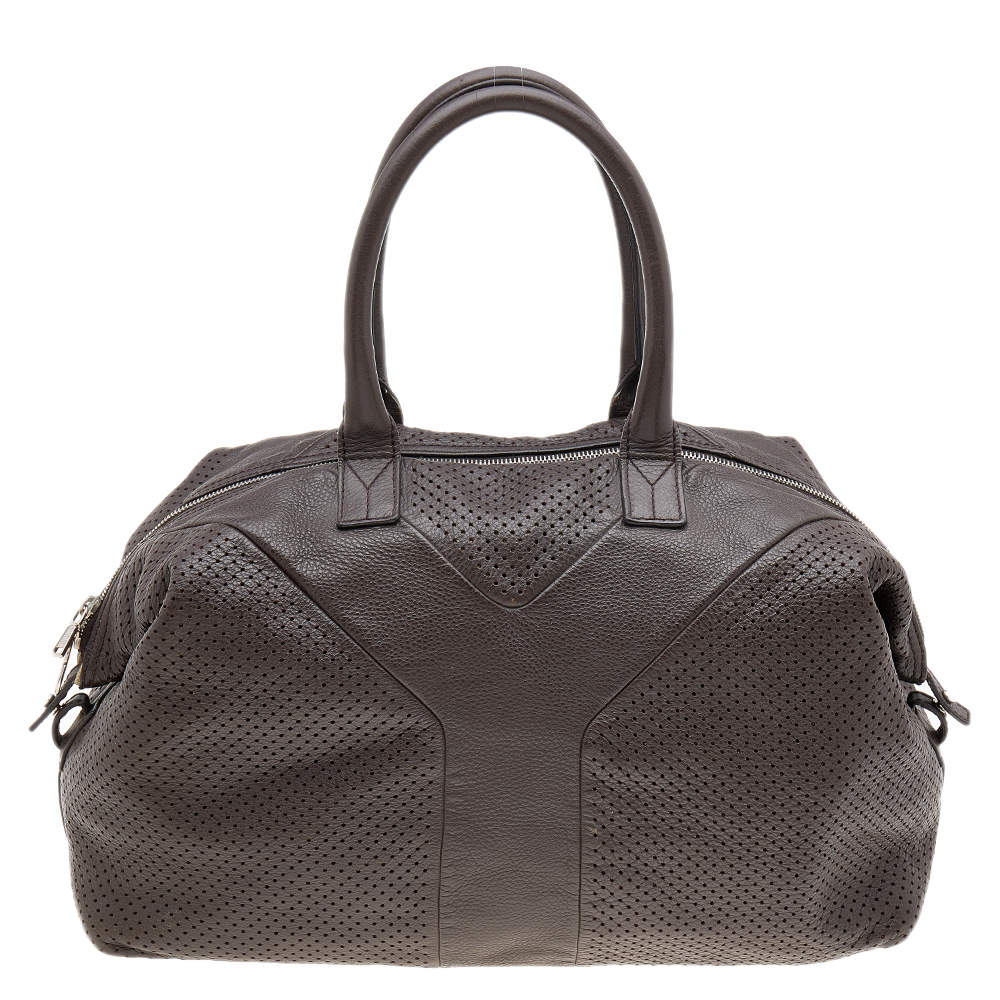 Pre Owned Yves Saint Laurent Brown Perforated Leather Medium Easy Y Satchel
