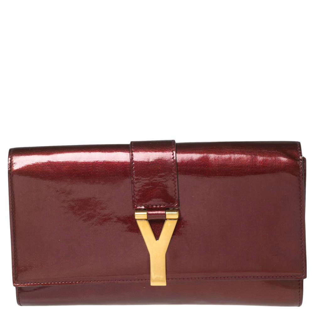 مملوكة مسبقًا حقيبة كلتش إيف سان لوران واي لاين جلد عنابي لامع