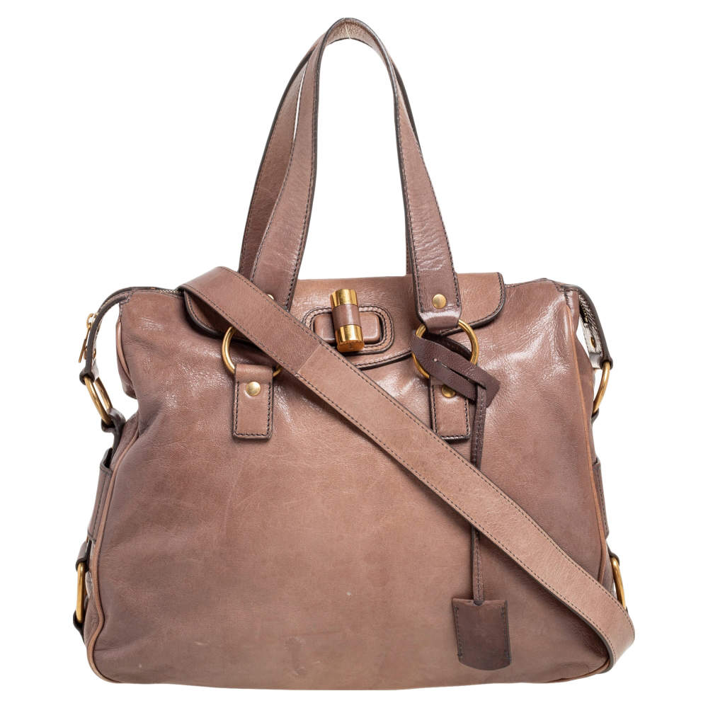 Pre Owned Yves Saint Laurent Beige Glossy Leather Rive Gauche Satchel