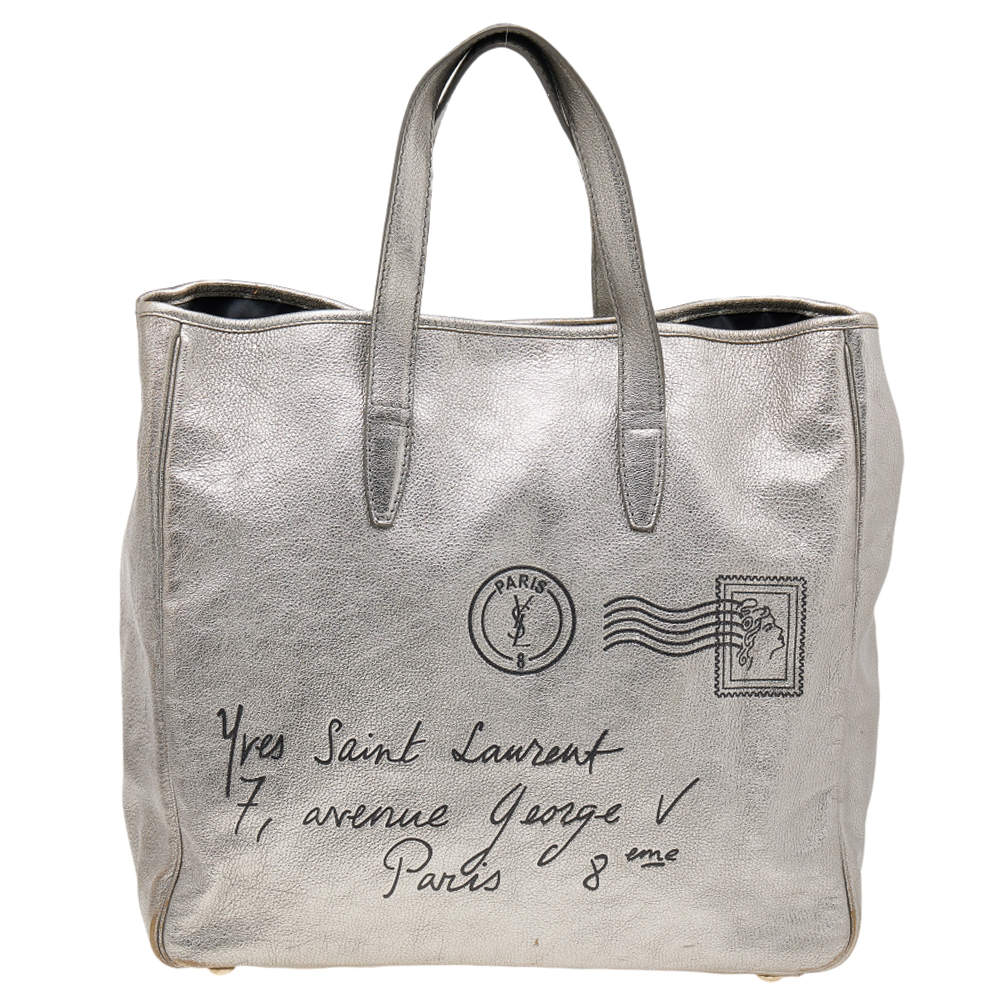 Pre Owned Yves Saint Laurent Metallic Silver Leather Large Y Mail Tote