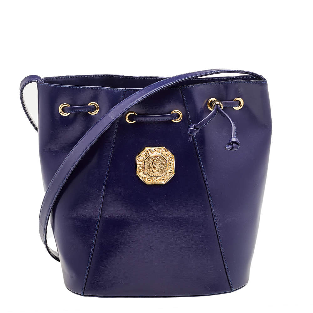Pre Owned Yves Saint Laurent Blue Leather Vintage Drawstring Bucket Bag