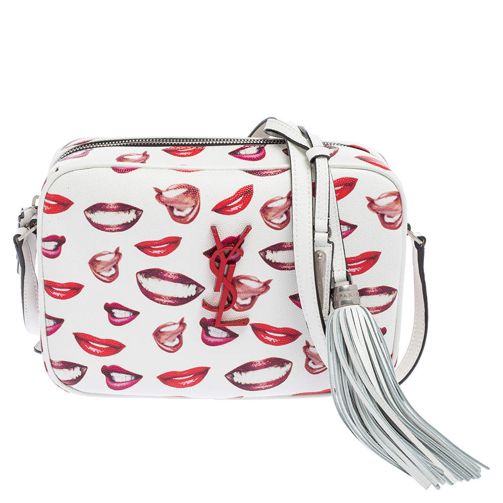 Yves Saint Laurent White/Red Grain De Poudre Lips Print Leather Medium Camera Bag