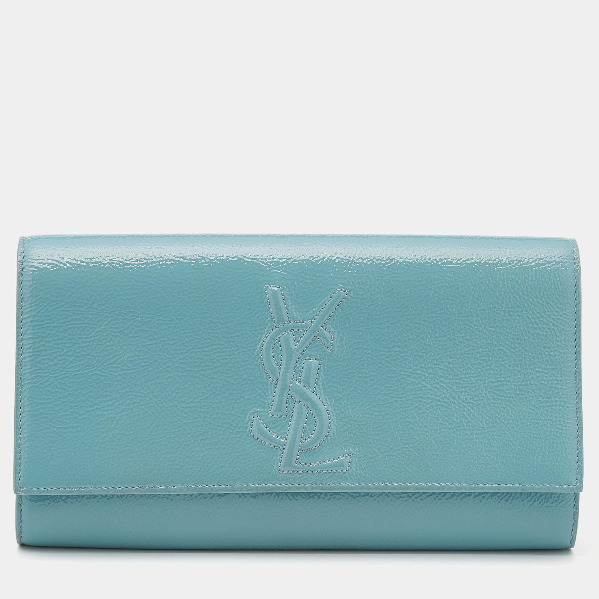 Pre Owned Yves Saint Laurent Turquoise Patent Leather Belle De Jour Flap Clutch