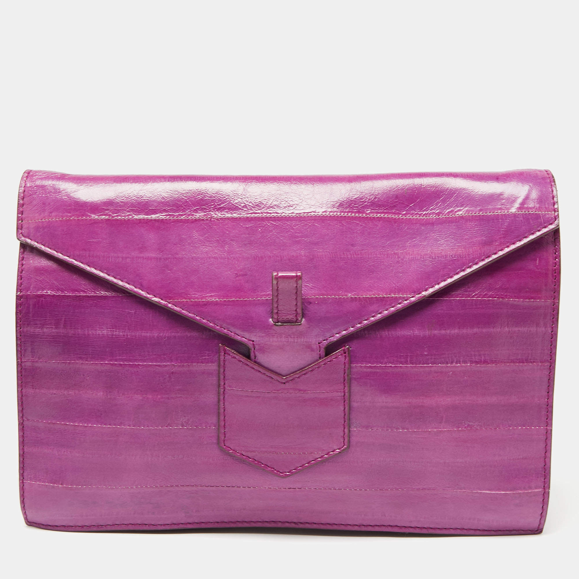 Pre Owned Yves Saint Laurent Purple Eel Leather Envelope Flap Clutch