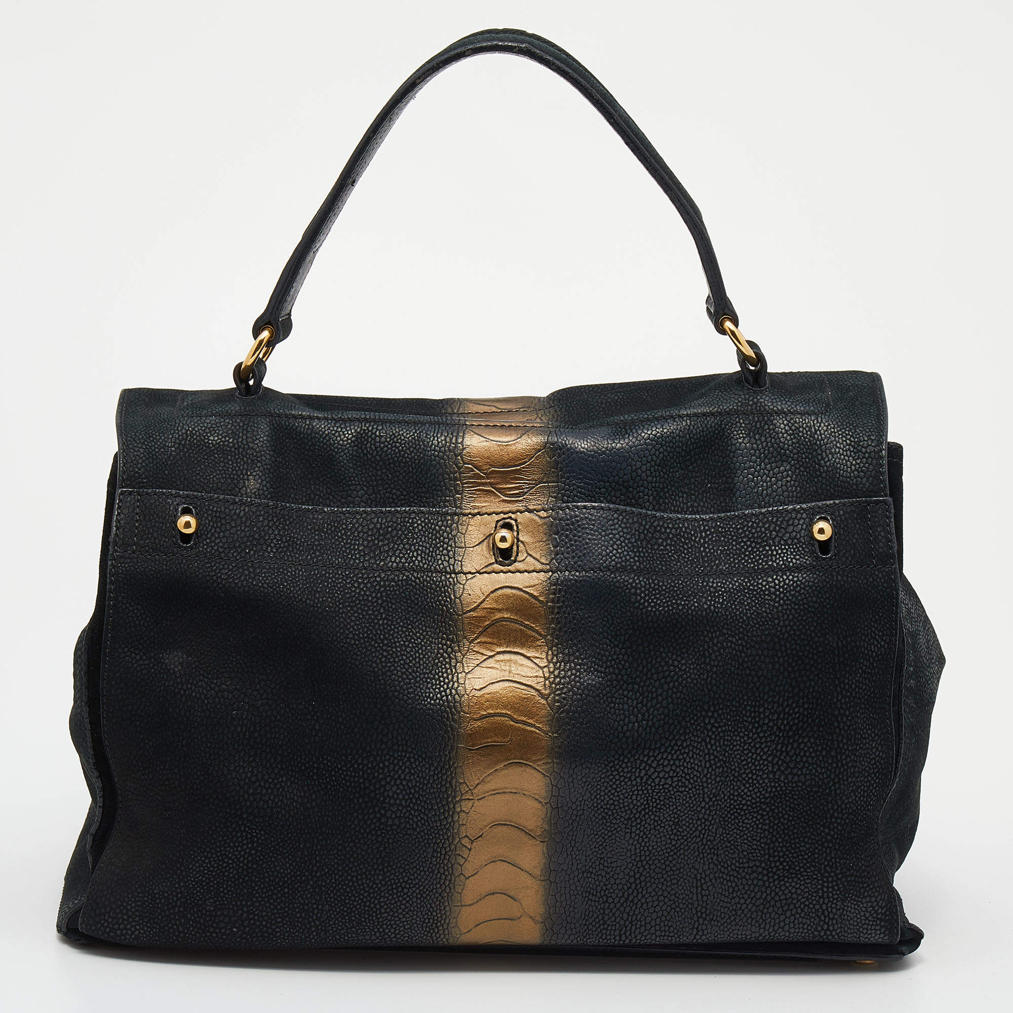 Yves Saint Laurent Black/Gold Leather And Suede Large Muse Two Top Handle Bag