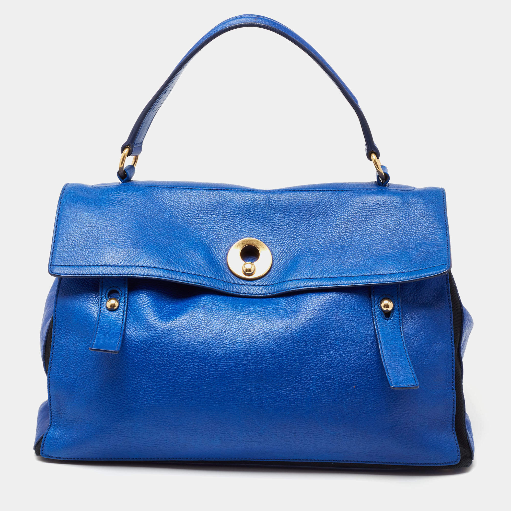 Yves Saint Laurent Blue/Black Leather and Canvas Large Muse Two Top Handle Bag