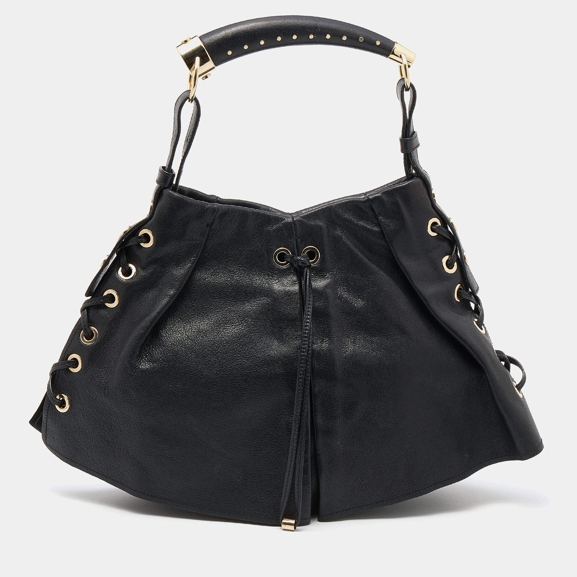 Pre Owned Yves Saint Laurent Black Leather Rive Gauche Mombasa Hobo