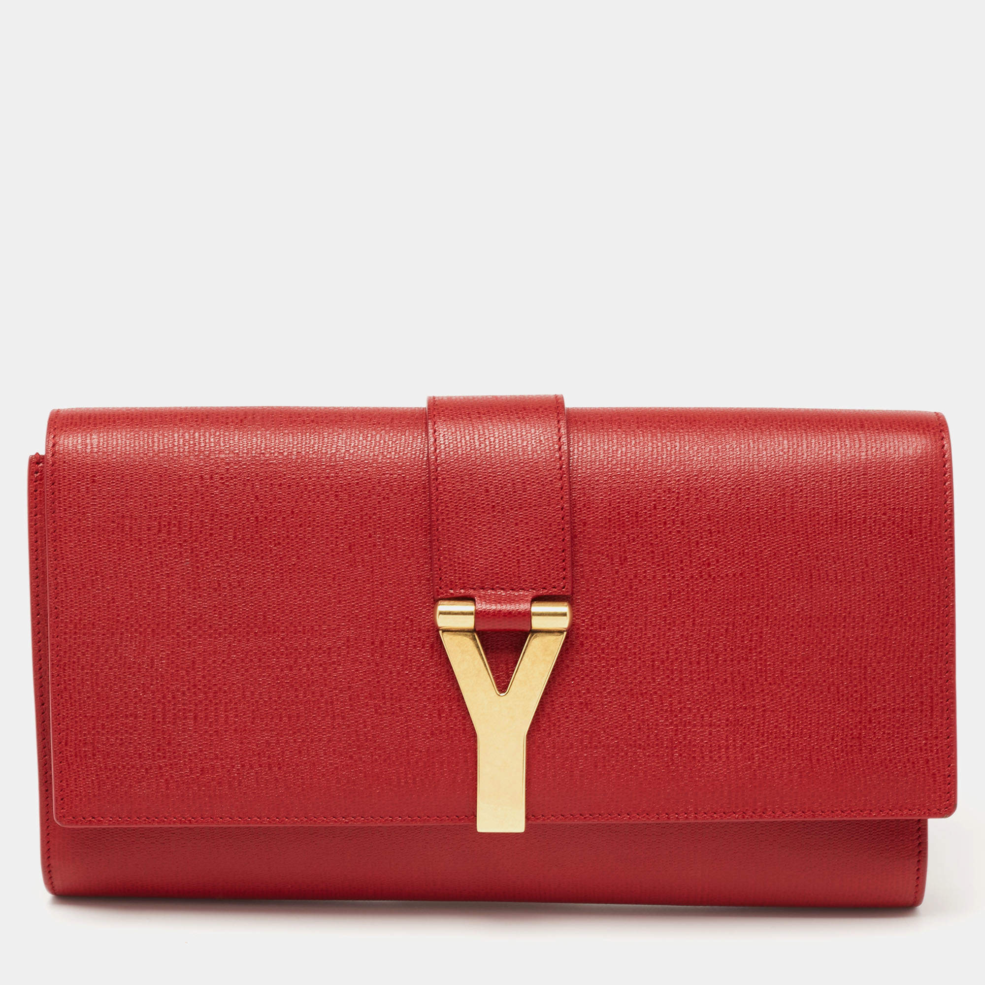 Pre Owned Yves Saint Laurent Red Textured Leather Y-Ligne Clutch