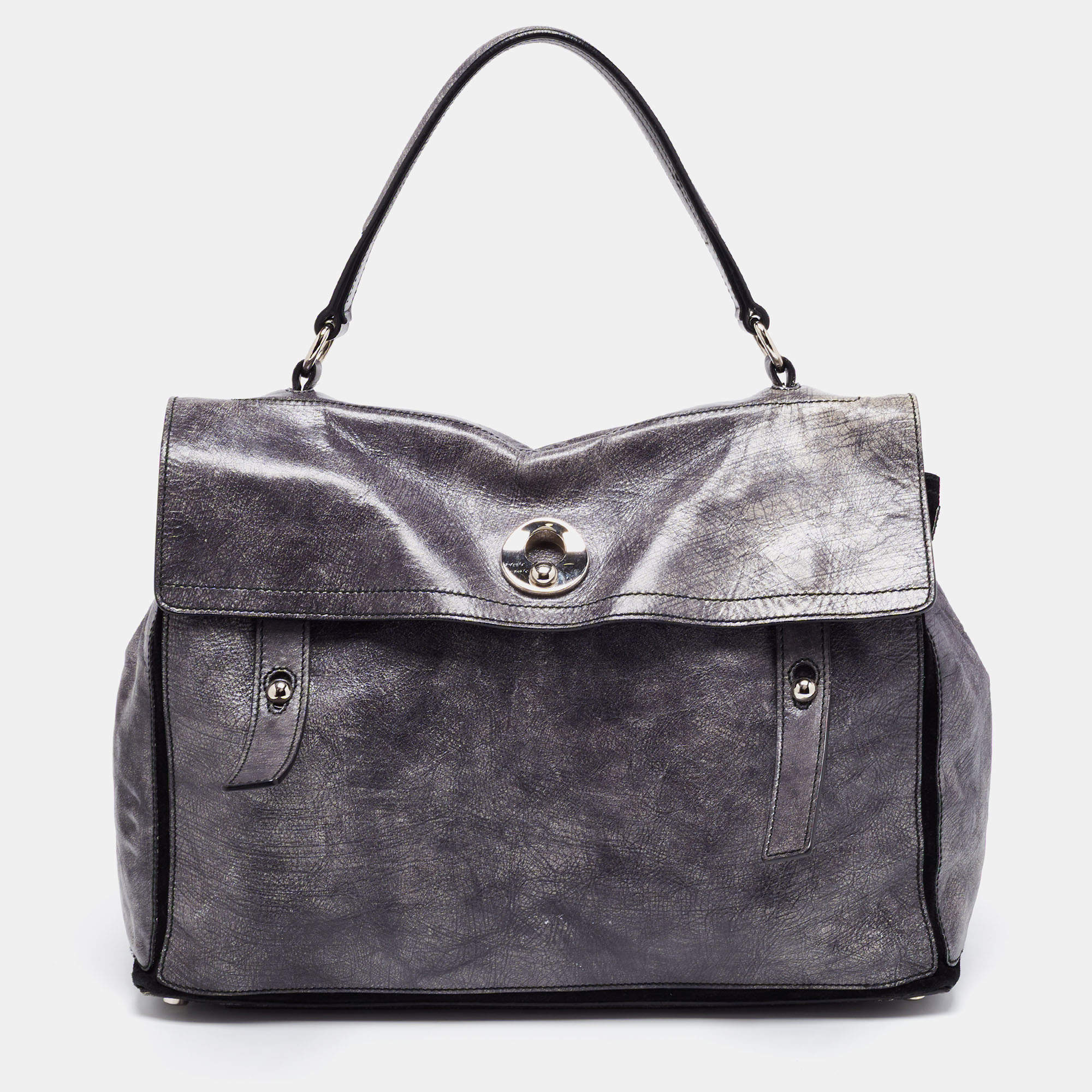 Yves Saint Laurent Grye/Black Glossy Leather and Suede Medium Muse Two Top Handle Bag