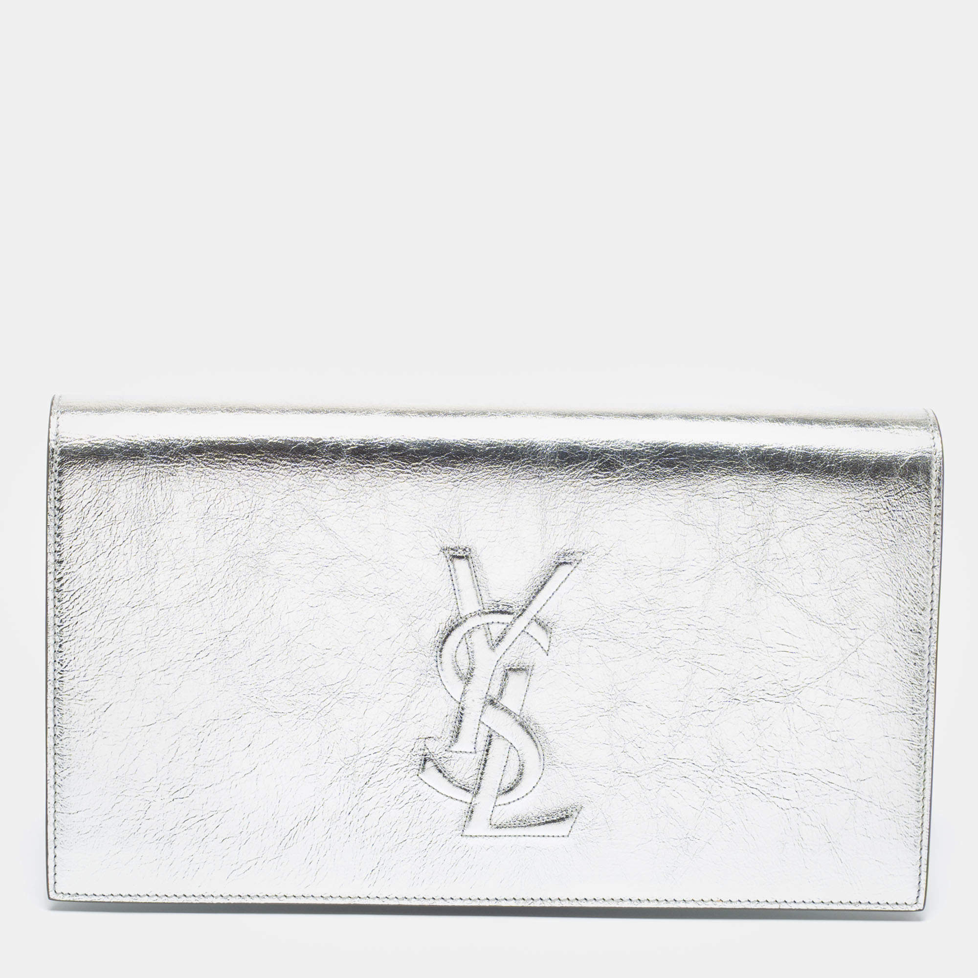 Pre Owned Yves Saint Laurent Silver Glossy Leather Belle De Jour Flap Clutch