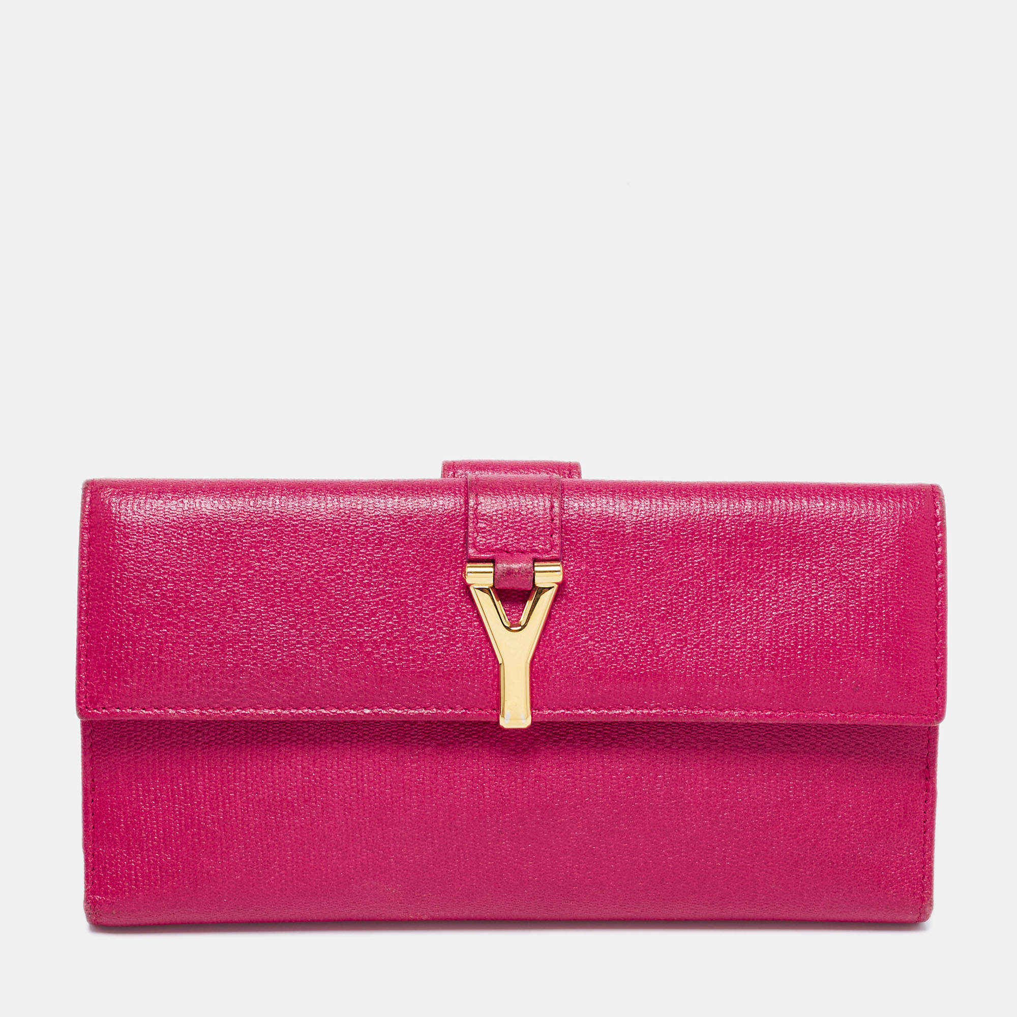 Pre Owned Yves Saint Laurent Fuchsia Leather Y Line Flap Continental Wallet