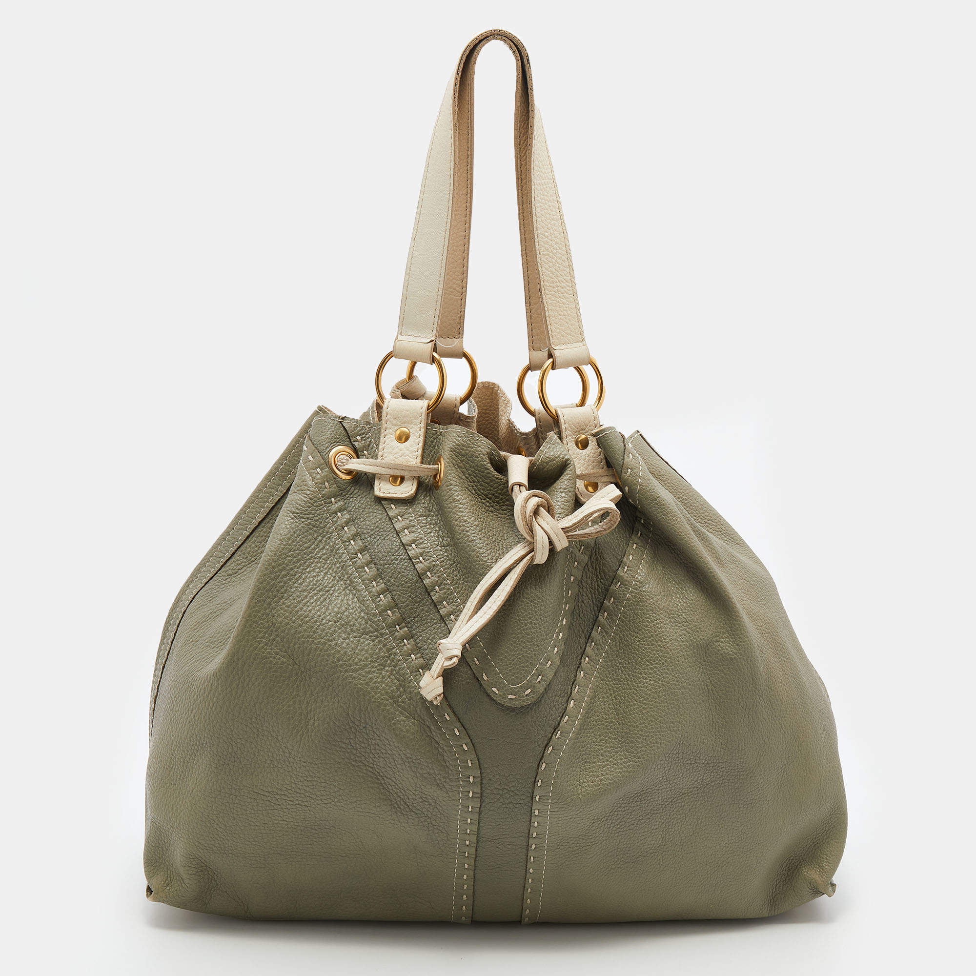 Pre Owned حقيبة يد إيف سان لوران دبليو ساك واي جلد كريمي/ أخضر فاتح 