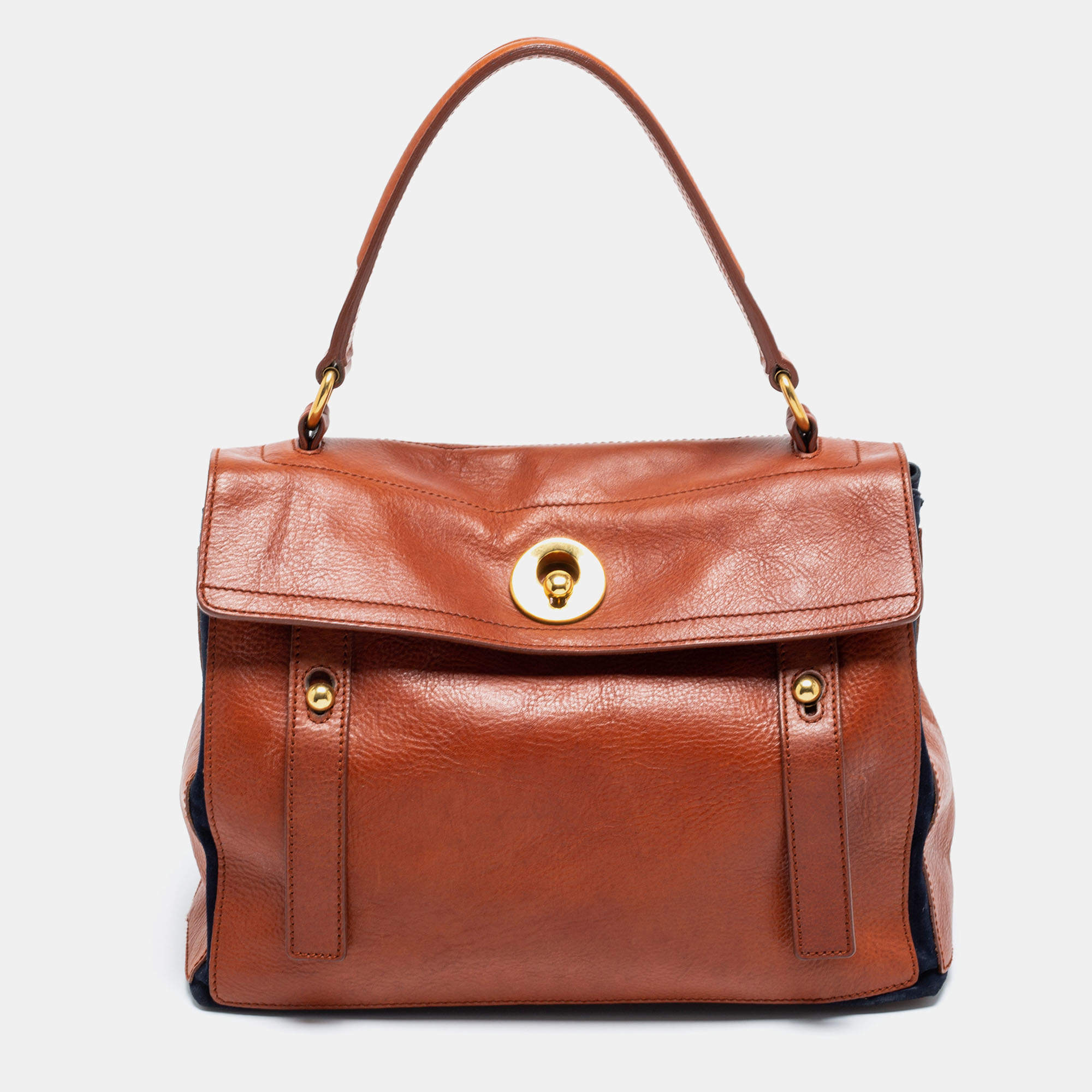 Yves Saint Laurent Brown/Navy Blue Leather and Suede Medium Muse Two Top Handle Bag