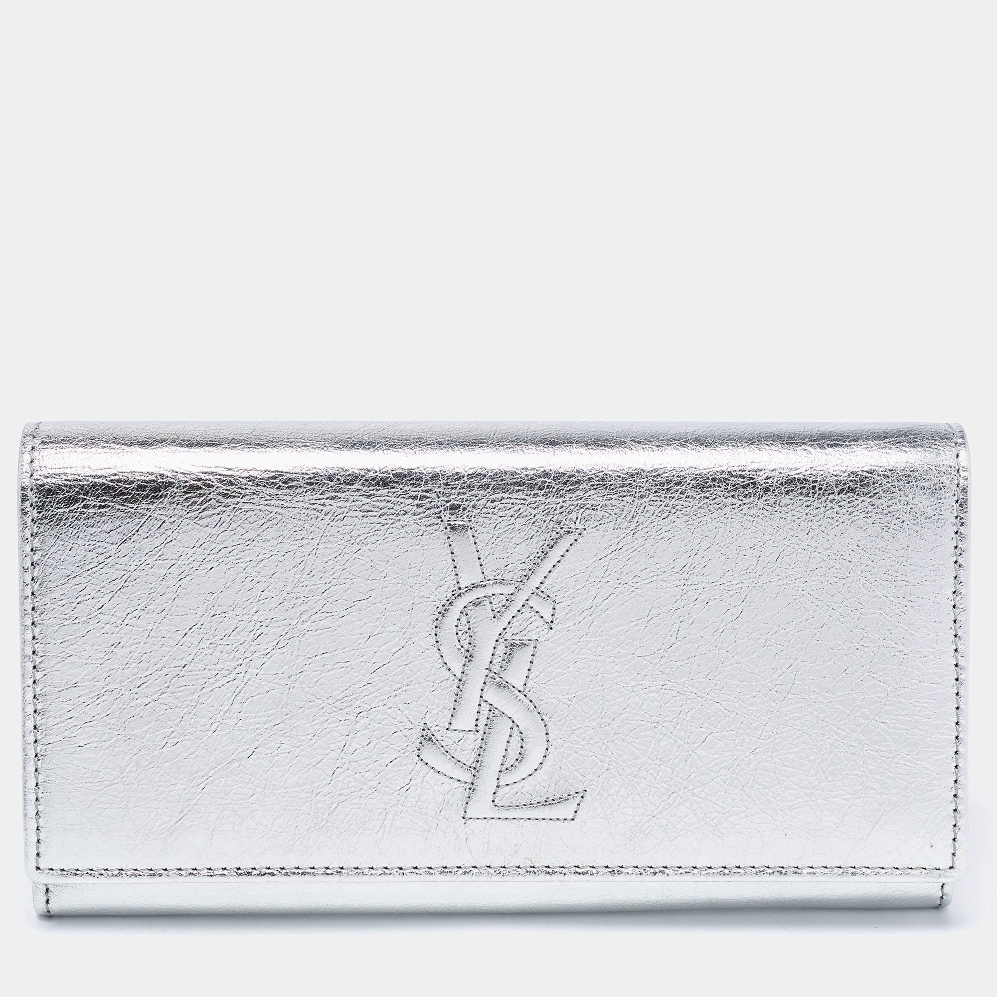 Pre Owned Yves Saint Laurent Metalic Silver Leather Belle De Jour Continental Wallet