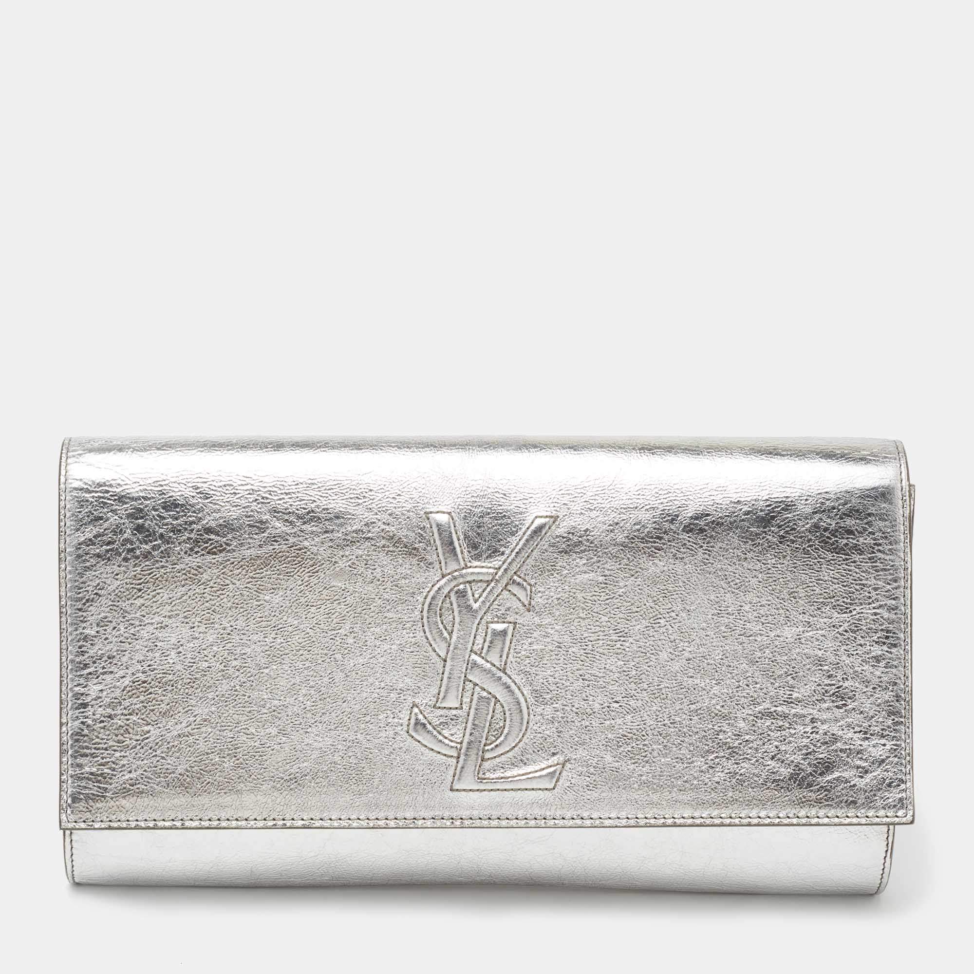 Pre Owned YVES Saint Laurent Silver Leather Cassandre Clutch