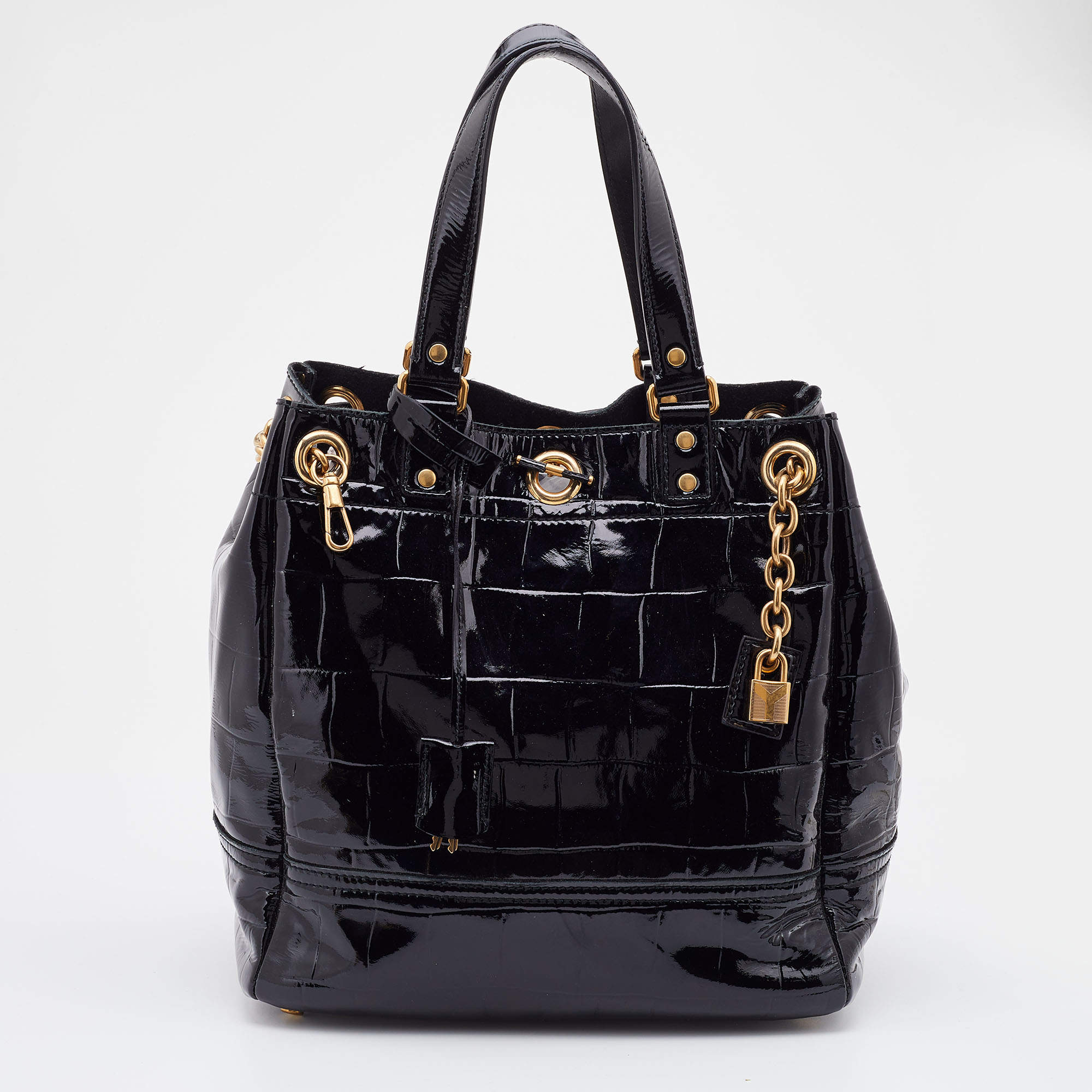 Pre Owned Yves Saint Laurent Croc Effec Patent Leather Drawstring Hobo
