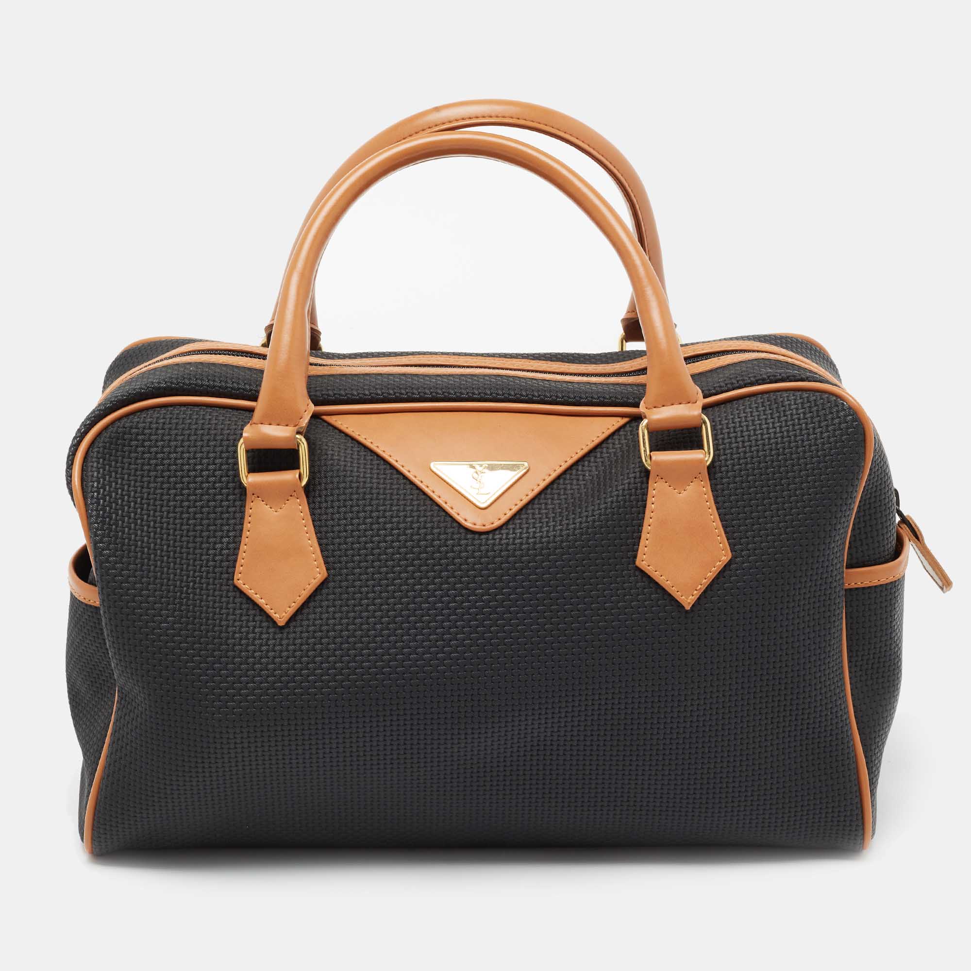 Pre Owned Yves Saint Laurent Black/Brown Leather Logo Satchel