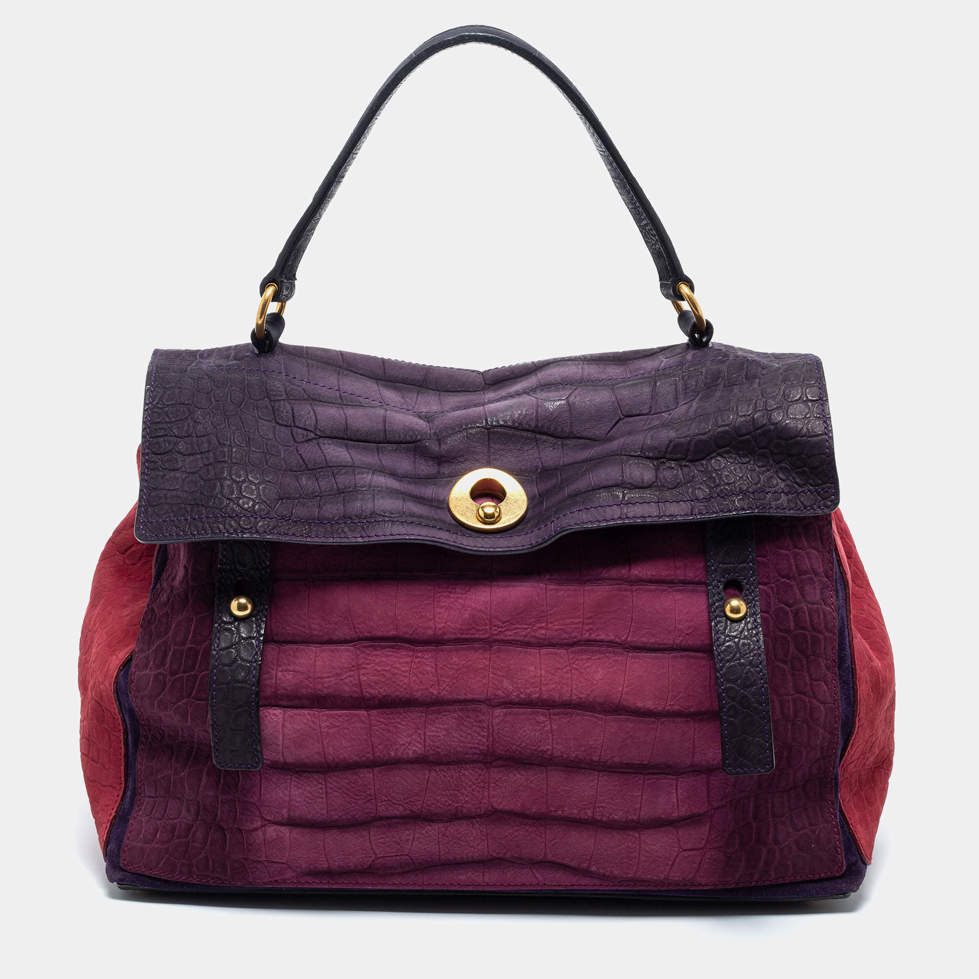Yves Saint Laurent Multicolor Croc Embossed Leather and Suede Large Muse Two Top Handle Bag