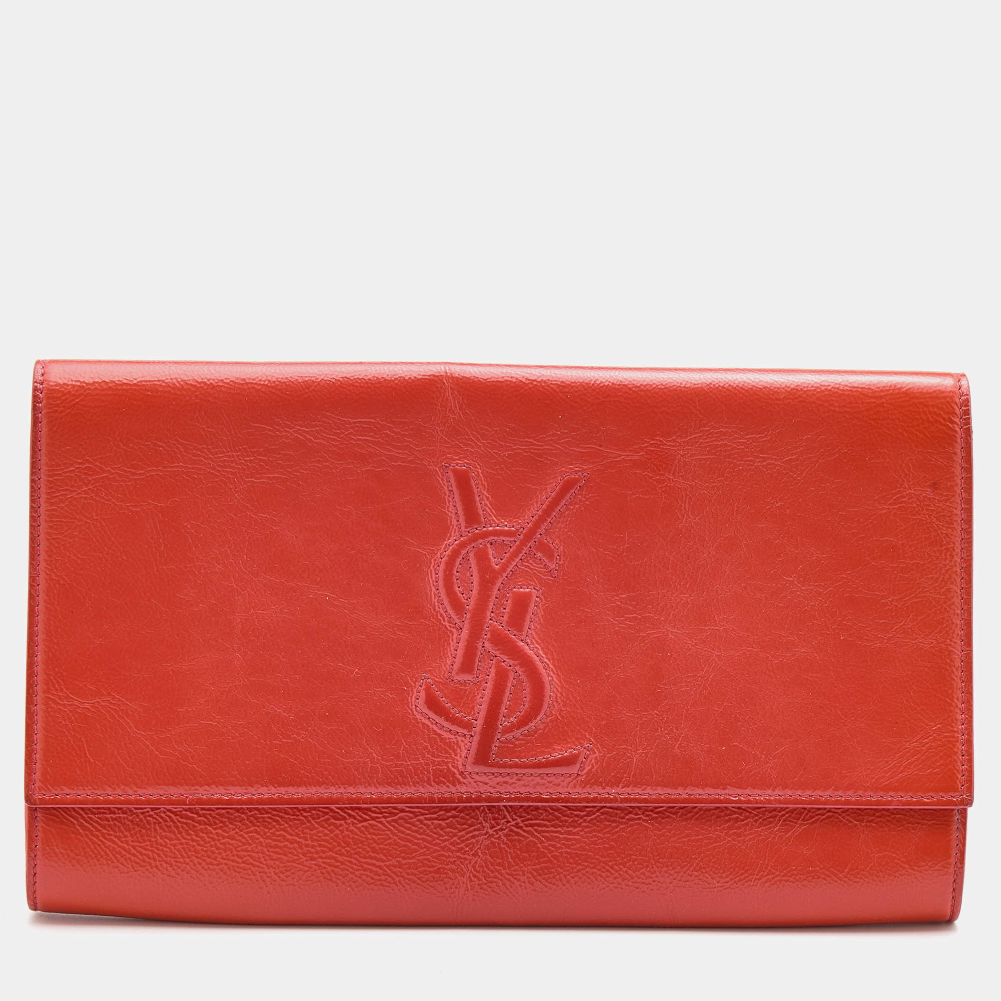 Pre Owned Yves Saint Laurent Orange Patent Leather Belle De Jour Flap Clutch