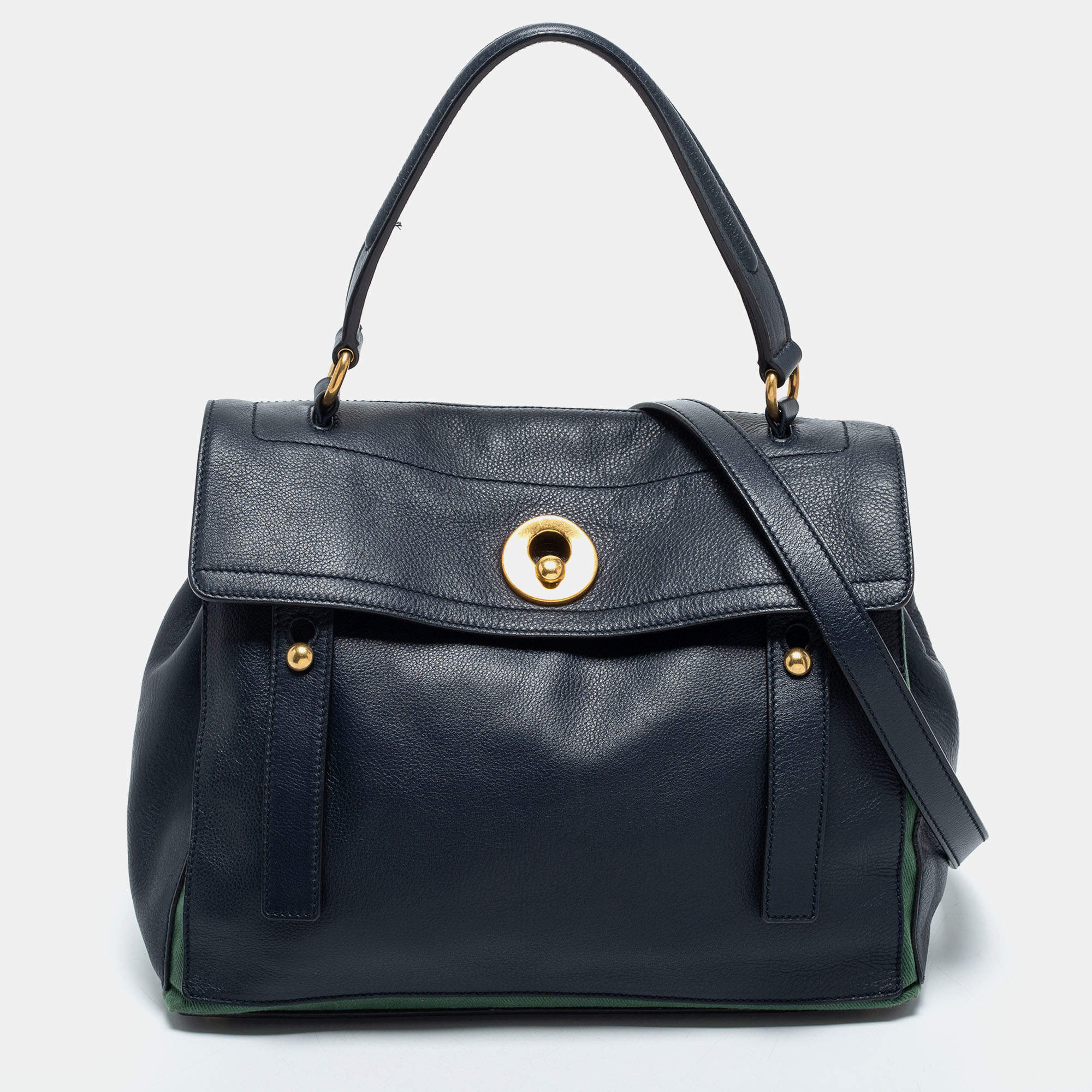 Yves Saint Laurent Navy Blue/Green Leather and Canvas Muse Two Top Handle Bag