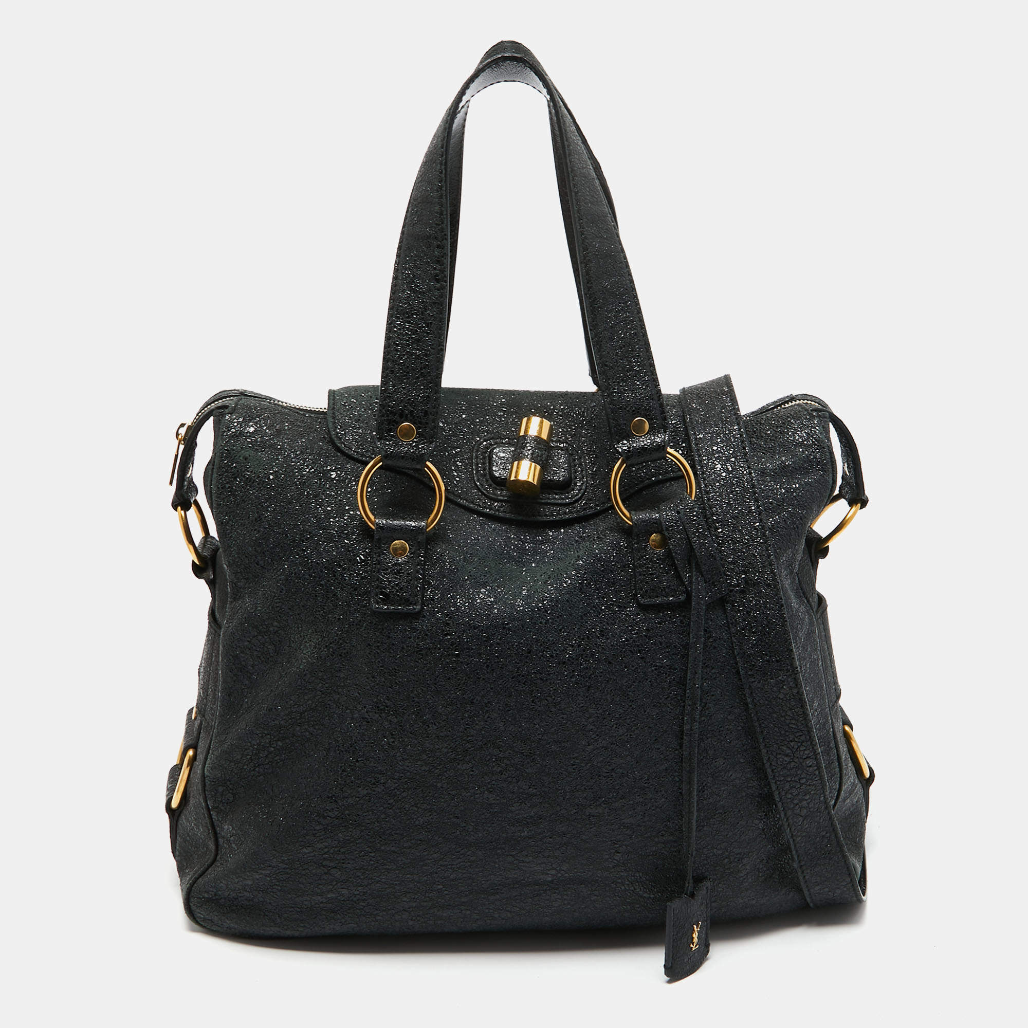 Yves Saint Laurent Black Crinkled Glossy Leather Muse Messenger Bag
