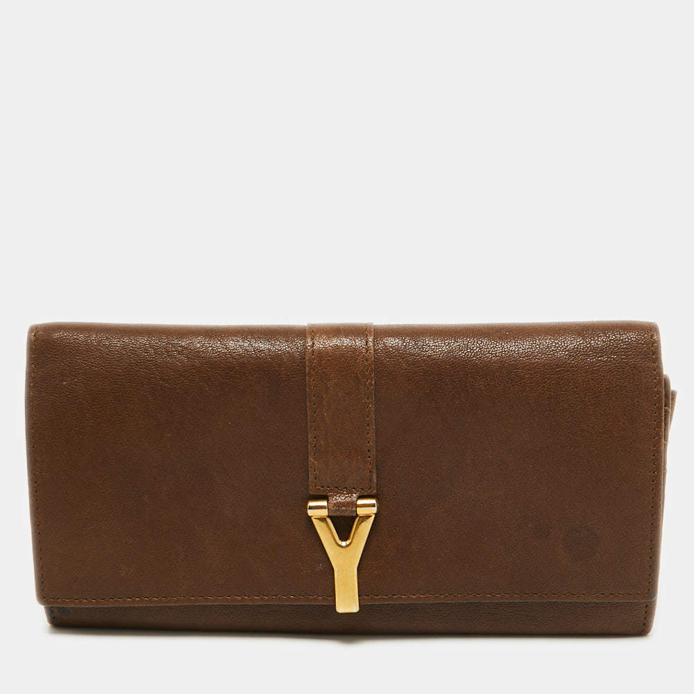 Yves Saint Laurent Brown Leather Y Line Flap Continental Wallet