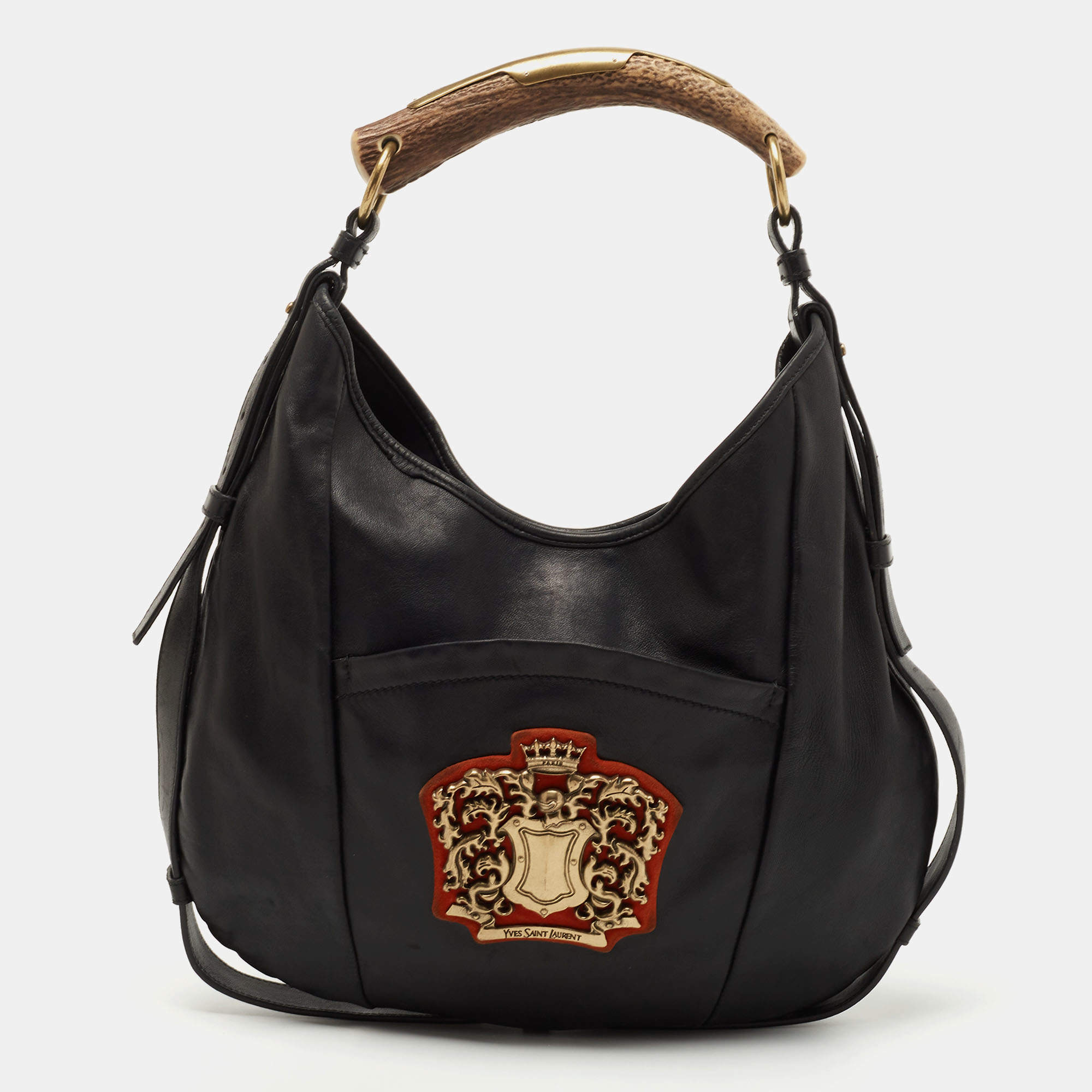Pre Owned Yves Saint Laurent Black Leather Mombasa Crest Hobo