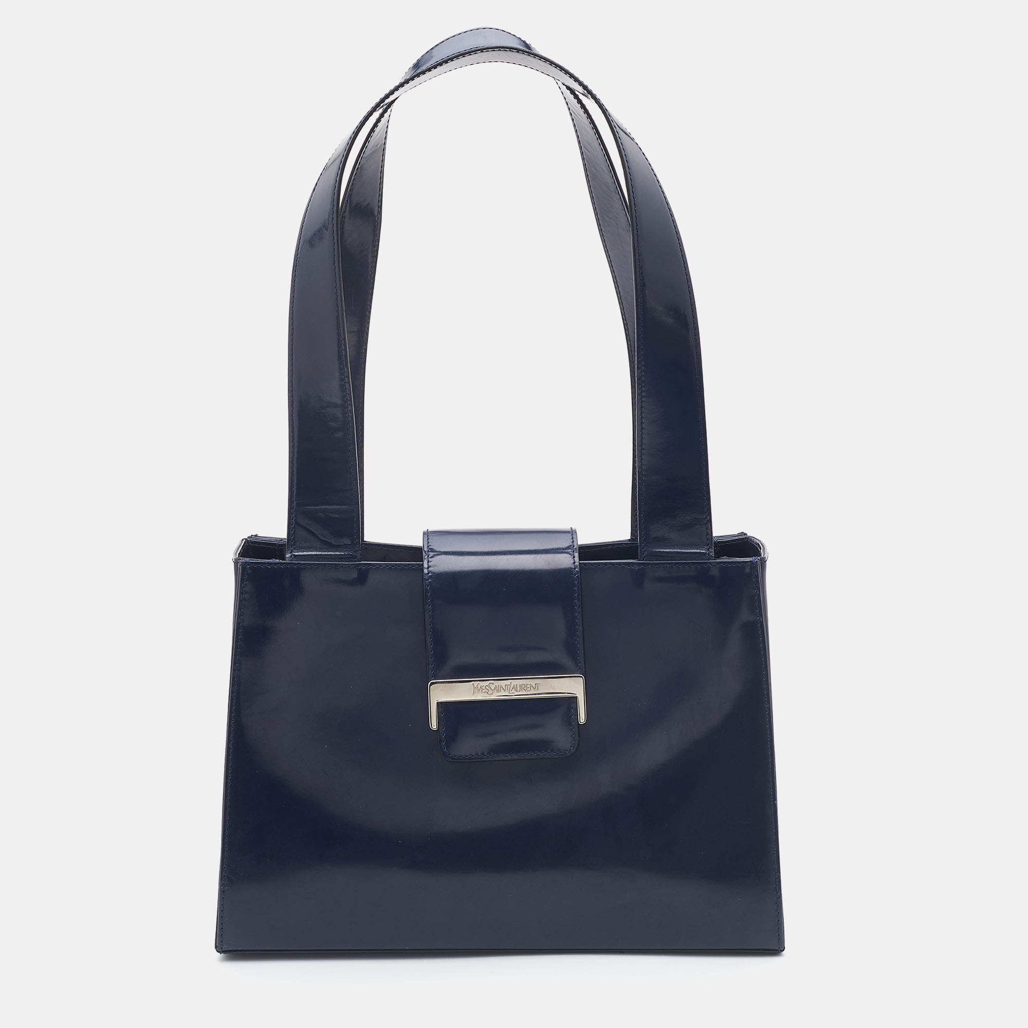 Pre Owned Yves Saint Laurent Blue Patent Vintage Tote