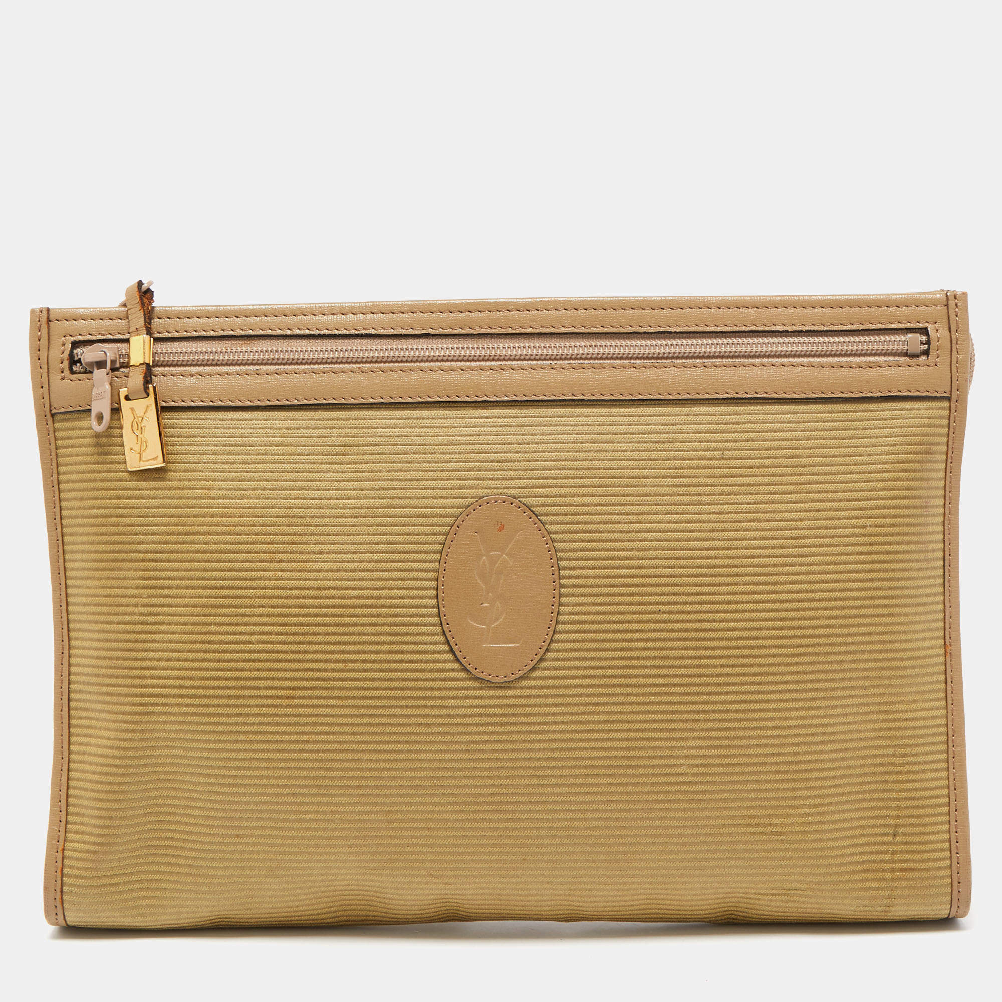 Pre Owned Yves Saint Laurent Beige/Olive Green Coated Fabric Zip Pouch