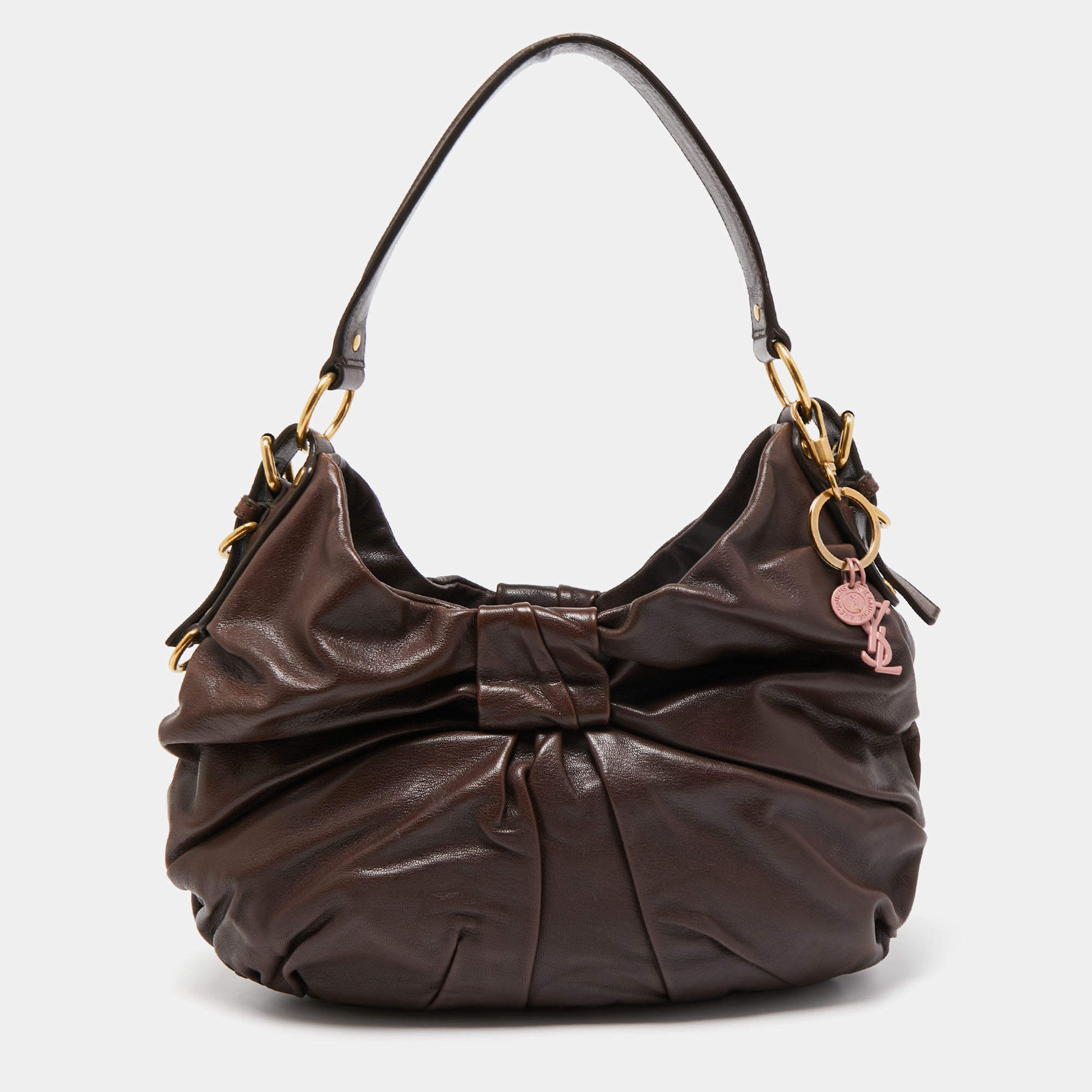 Pre Owned Yves Saint Laurent Dark Brown Leather Pleated Hobo
