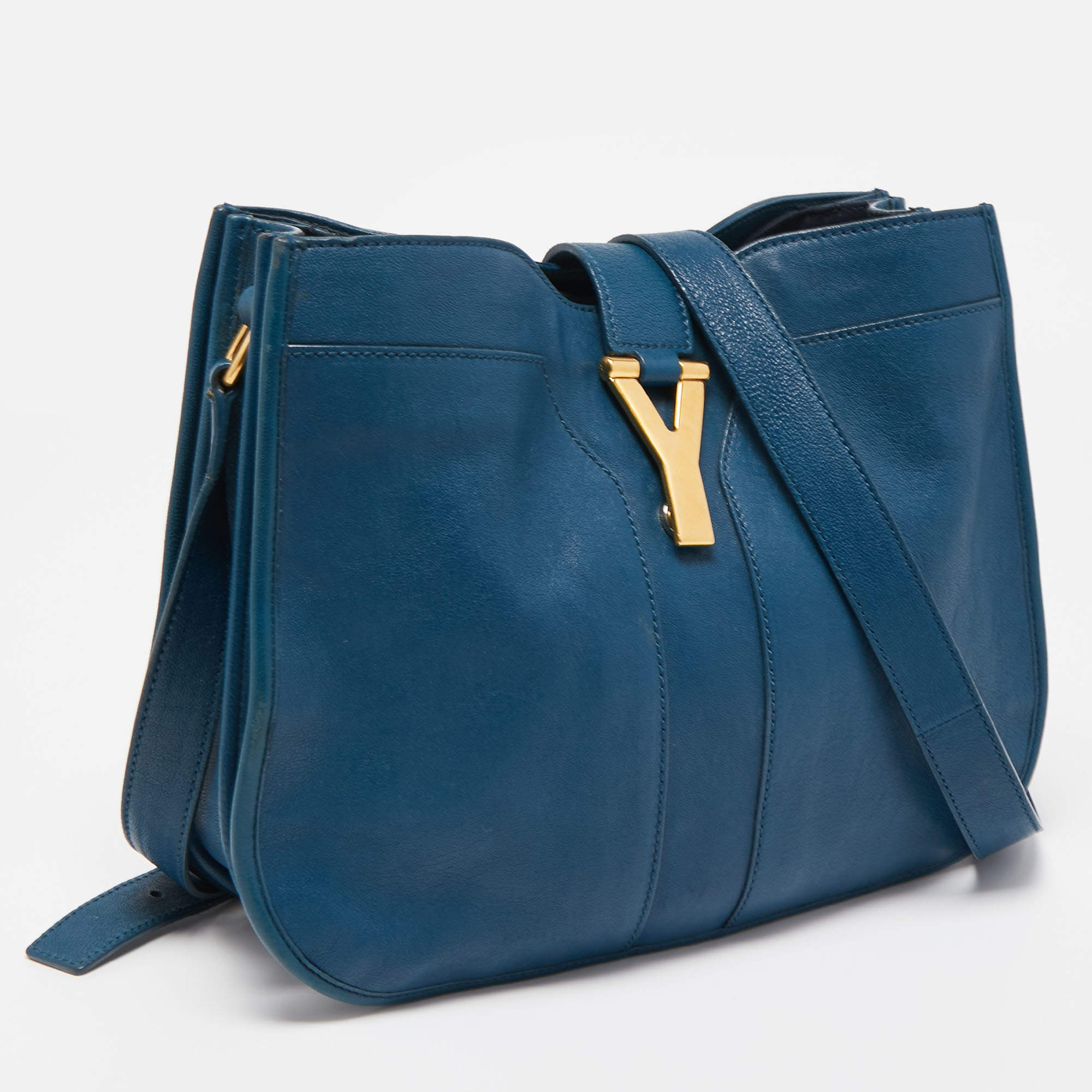Yves Saint Laurent Teal Blue Leather Medium Cabas Chyc Shoulder