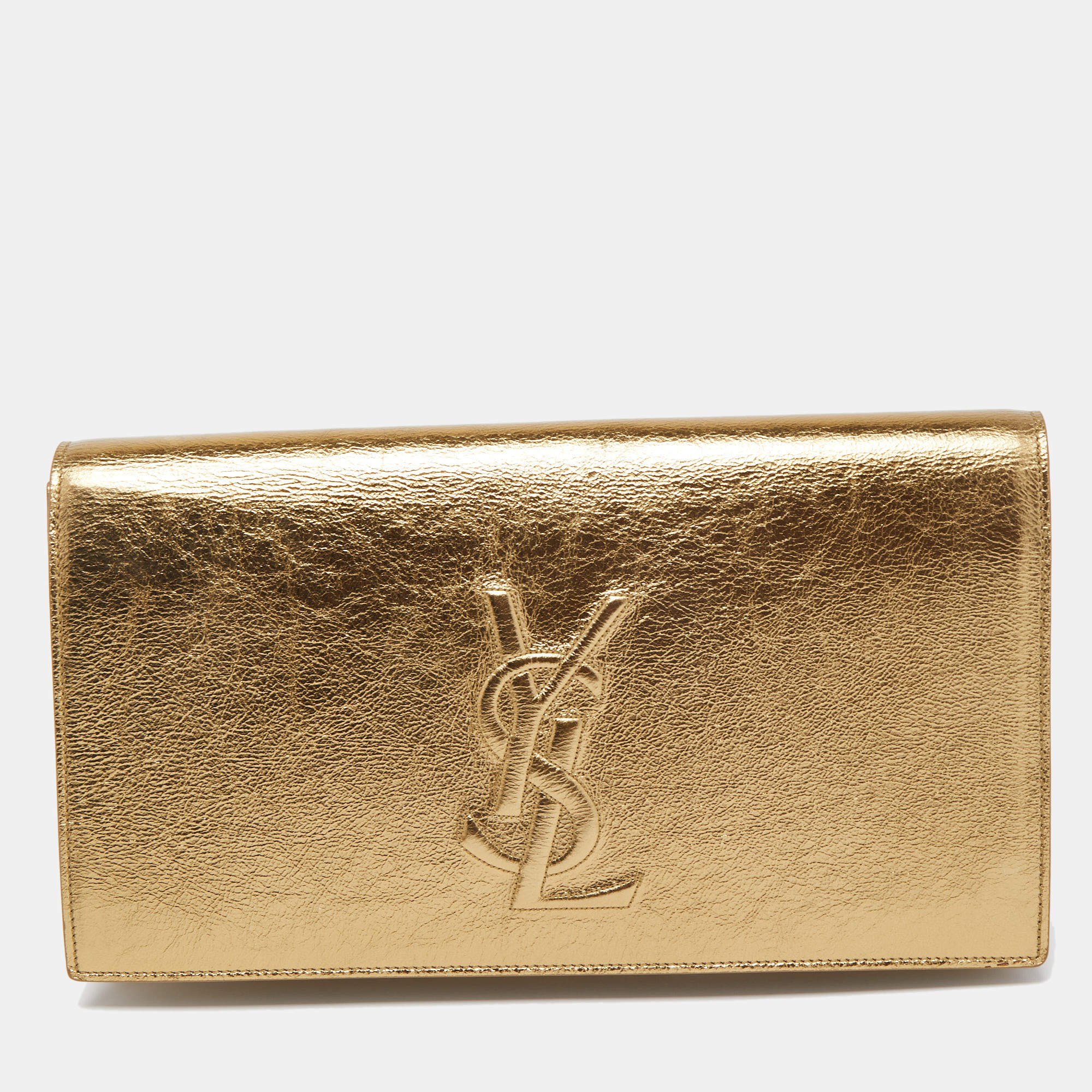 Saint Laurent YSL Belle de Jour Large Metallic Gold Leather Clutch