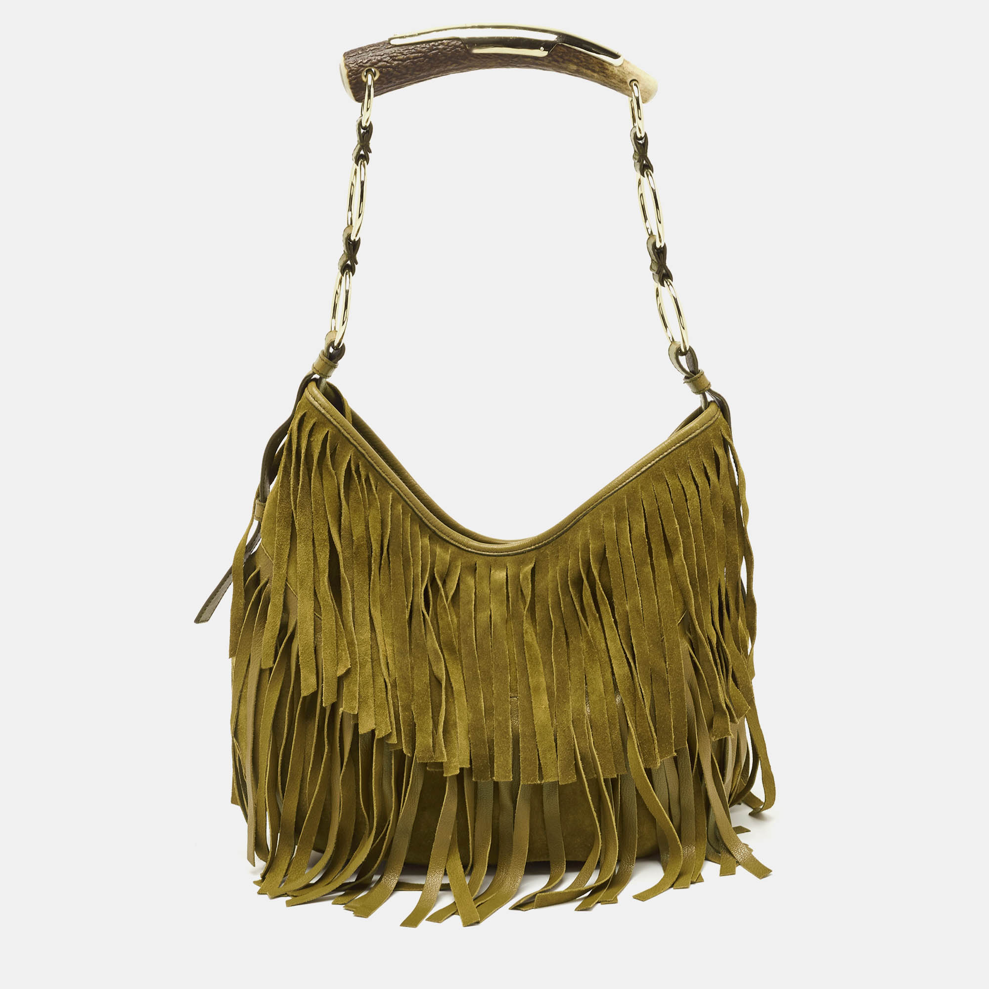 Pre Owned Yves Saint Laurent Olive Green Suede Fringe Mombasa Hobo