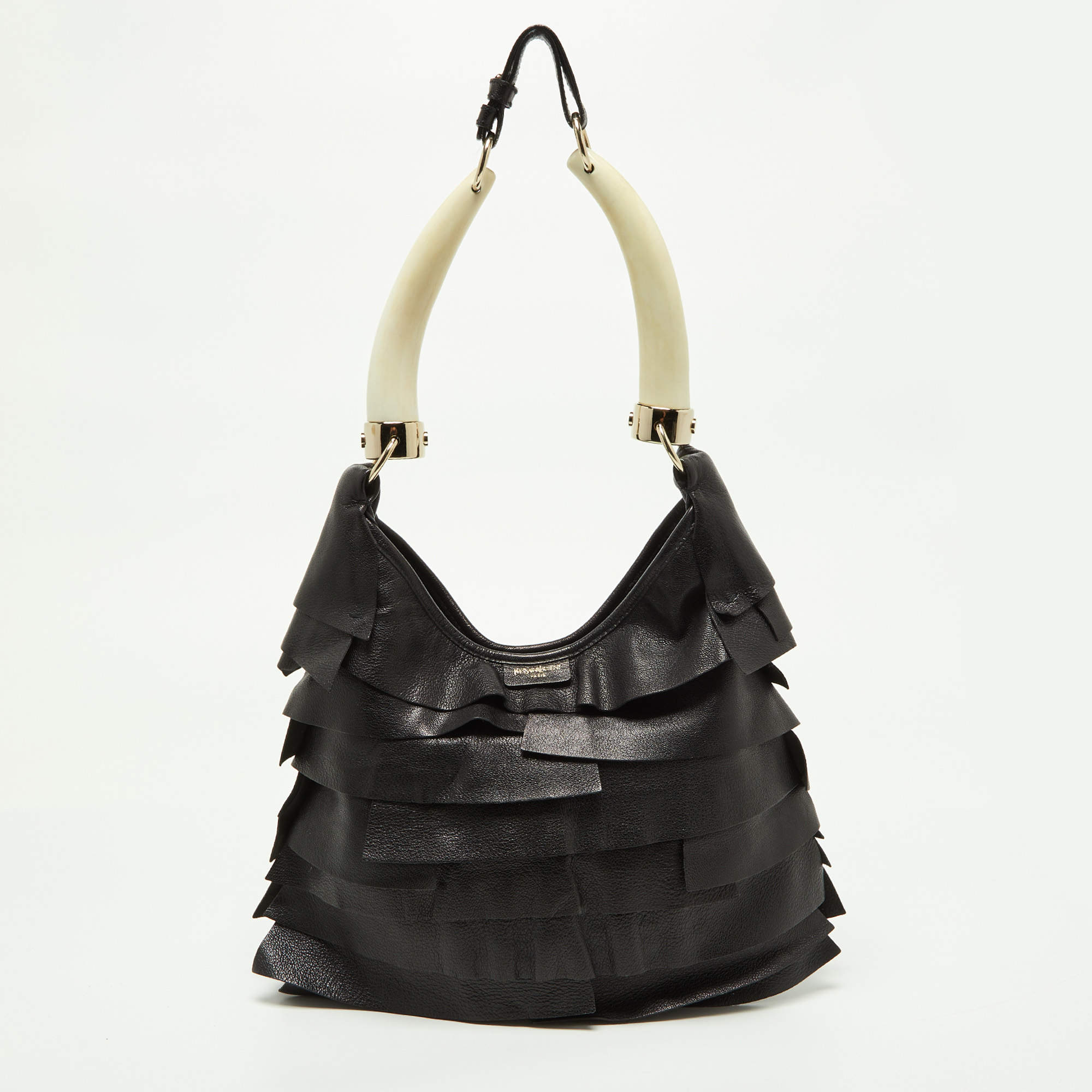 Yves Saint Laurent Off White Ruffle Leather St Tropez Horn Hobo at