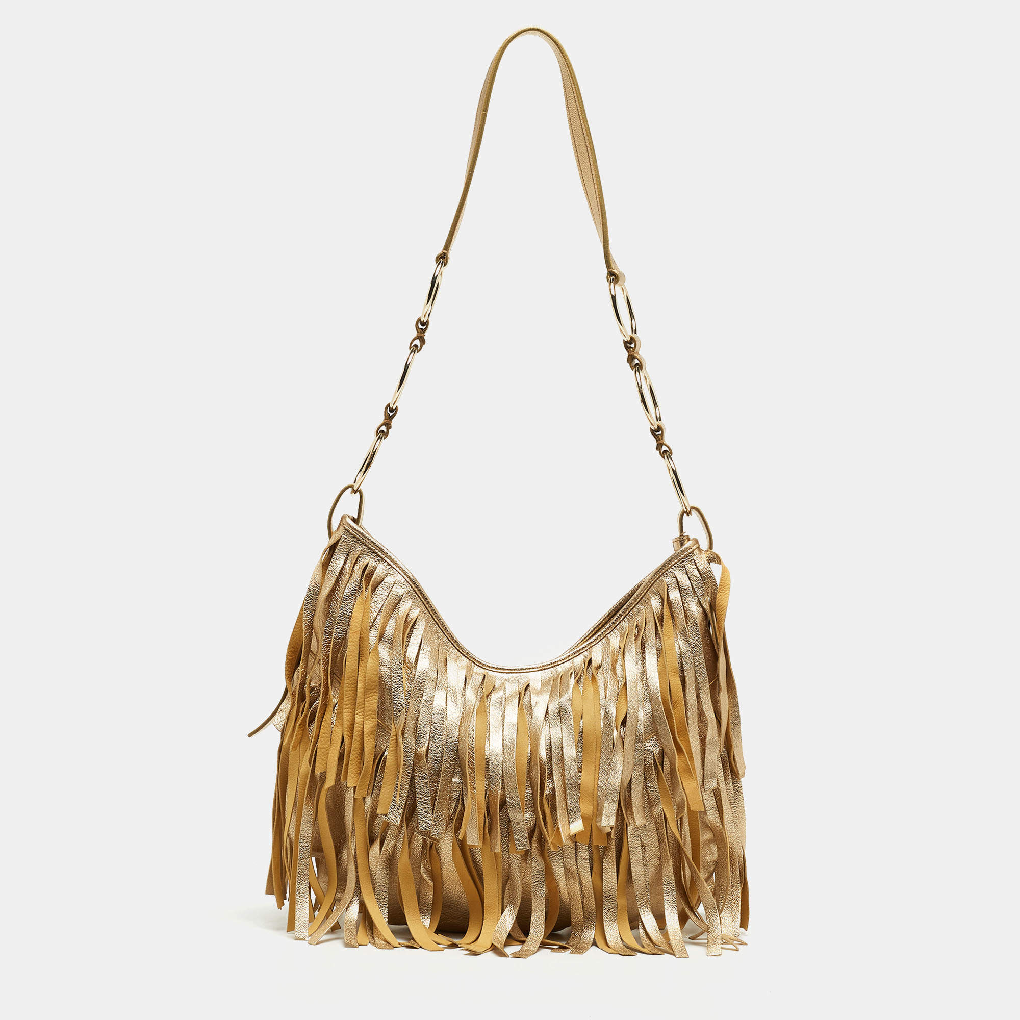 Pre Owned Yves Saint Laurent Gold Leather Fringe Hobo