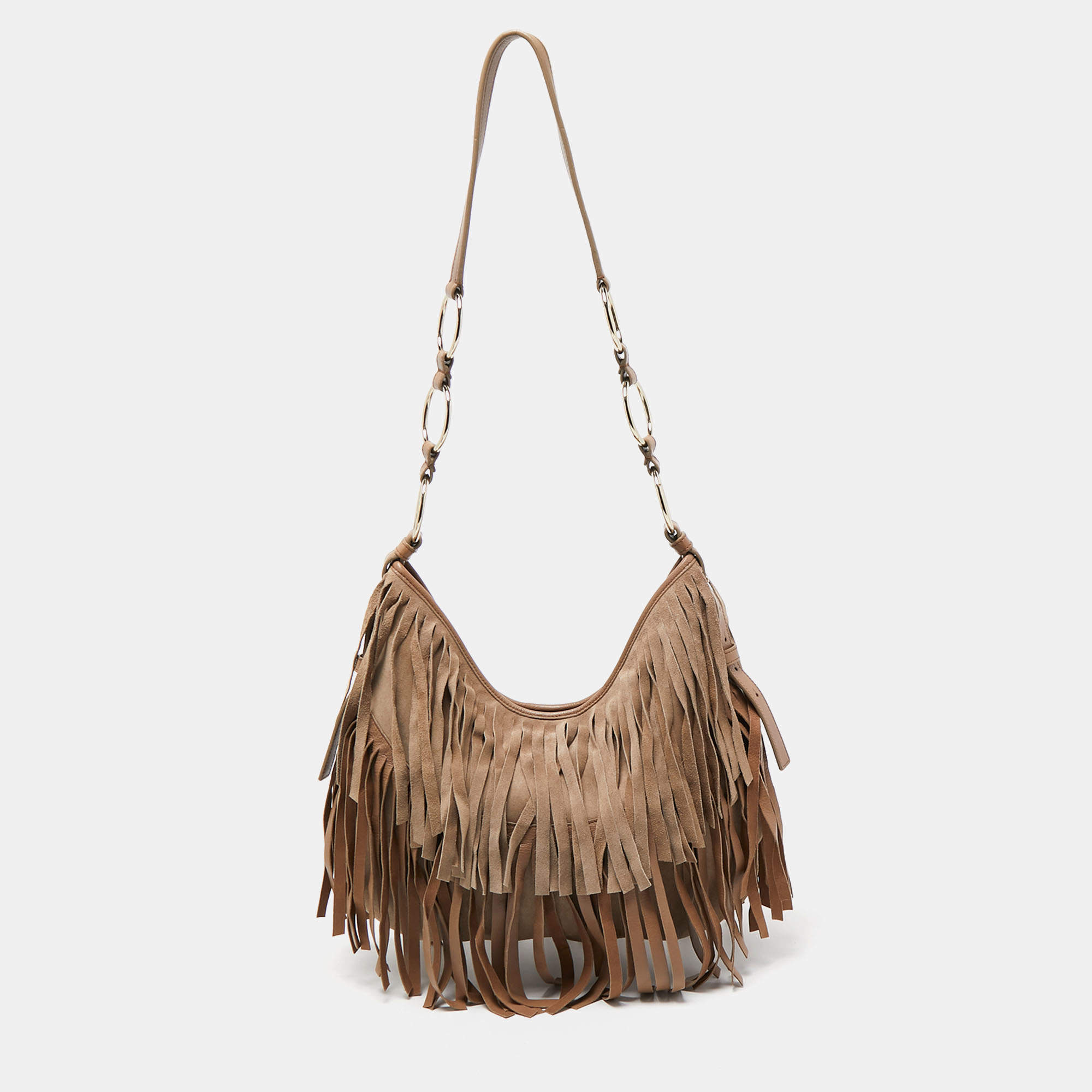 مملوكة مسبقًا Yves Saint Laurent Beige Suede and Leather La Boheme Fringe Hobo