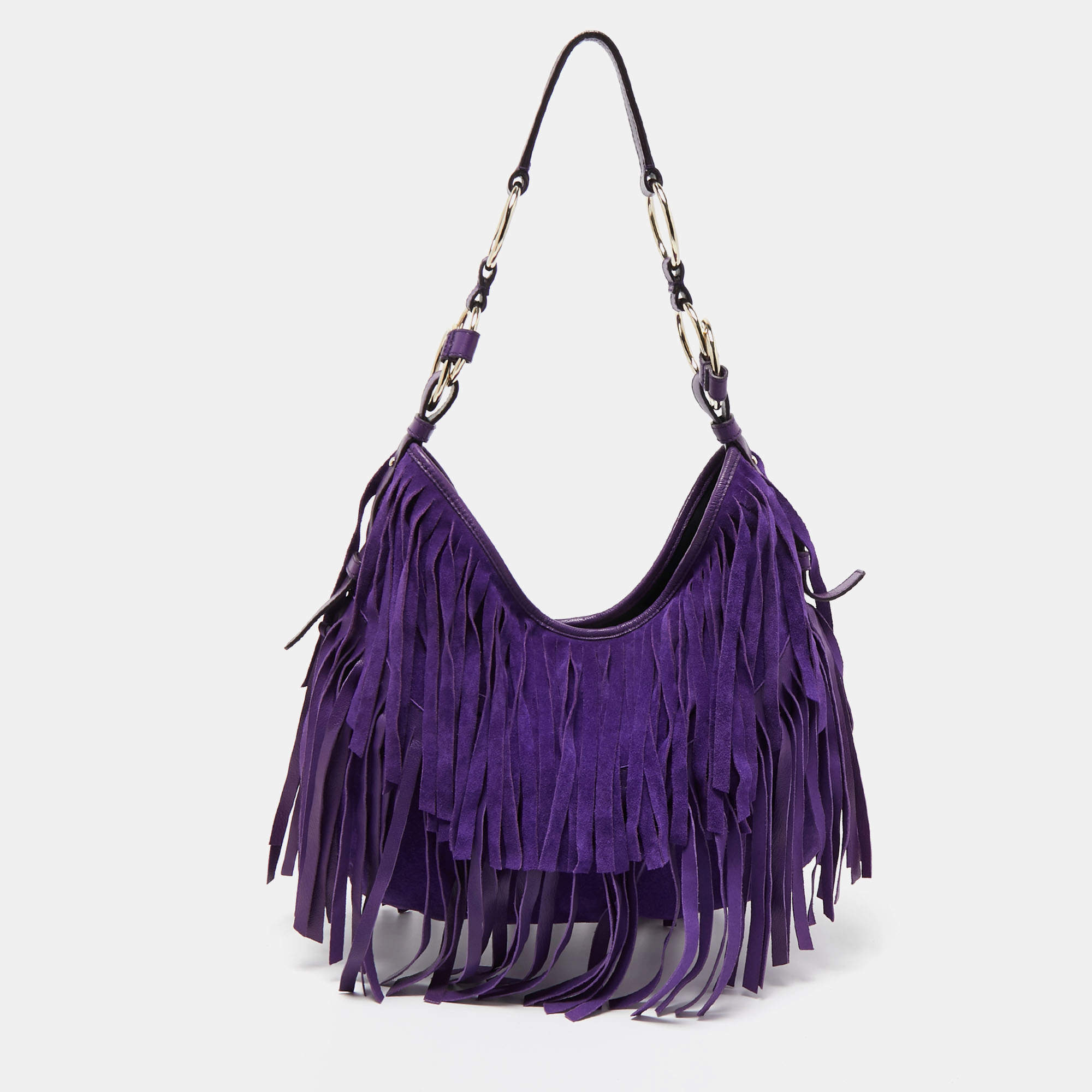 Pre Owned Yves Saint Laurent Purple Suede and Leather La Boheme Fringe Hobo
