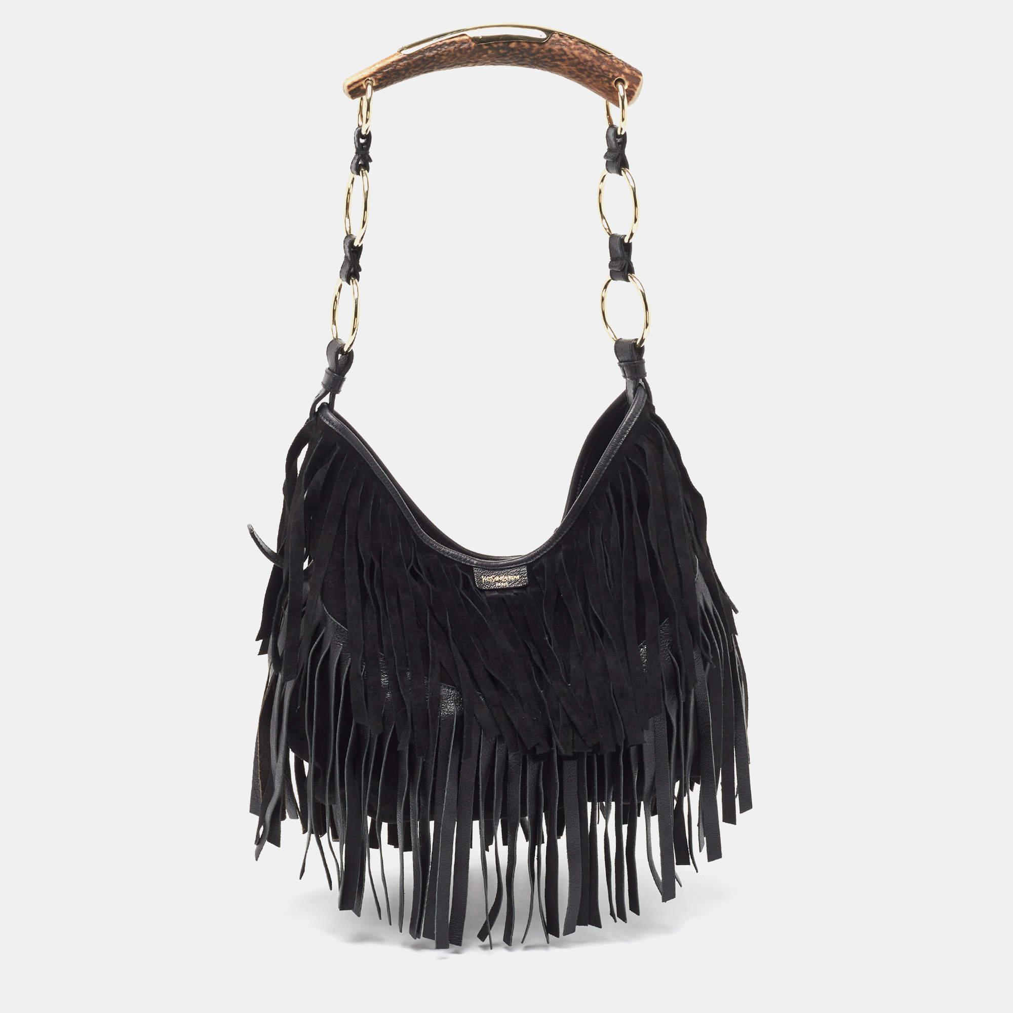 Pre Owned Yves Saint Laurent Black Leather and Suede Mombasa Fringe Hobo