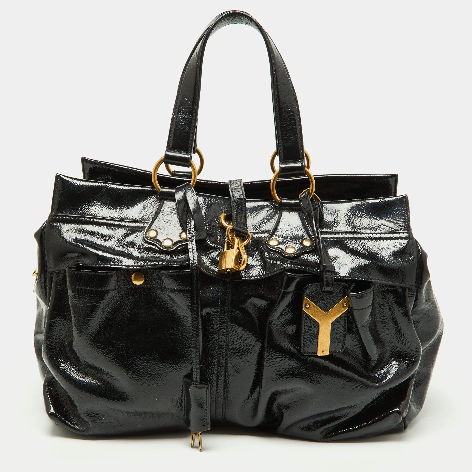 Yves Saint Laurent Black Patent Leather Front Pocket Satchel