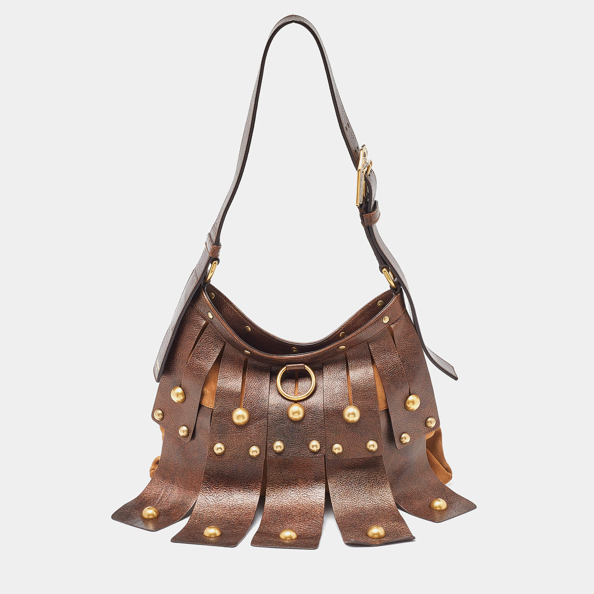 Pre Owned Yves Saint Laurent Two Tone Brown Suede and Leather Rive Gauche Shoulder Bag