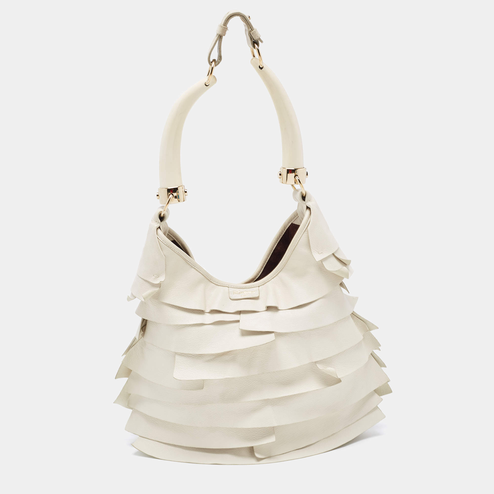 Pre Owned Yves Saint Laurent Ivory Leather St. Tropez Double Horn Hobo