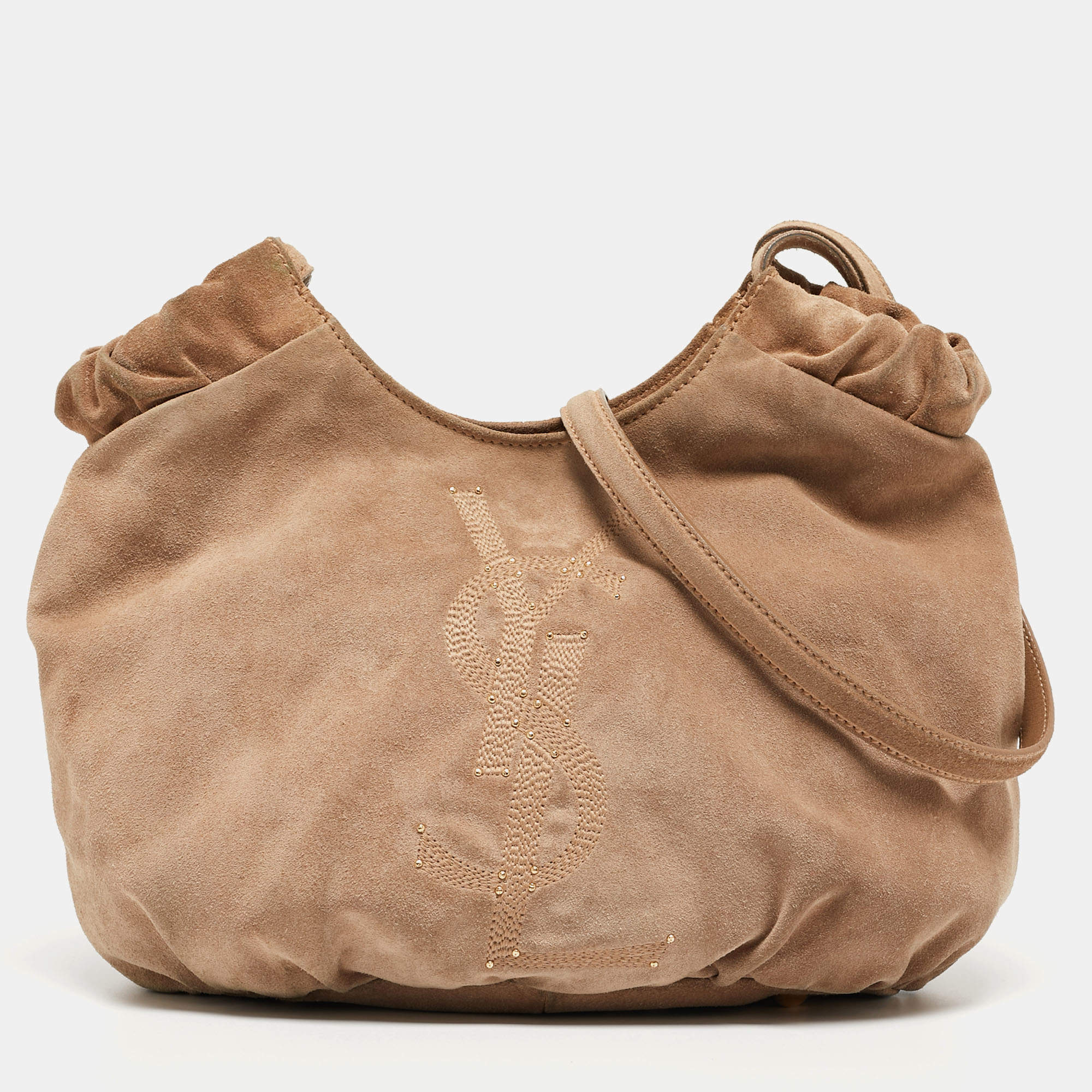Pre Owned Yves Saint Laurent Beige Suede Logo Studded Hobo