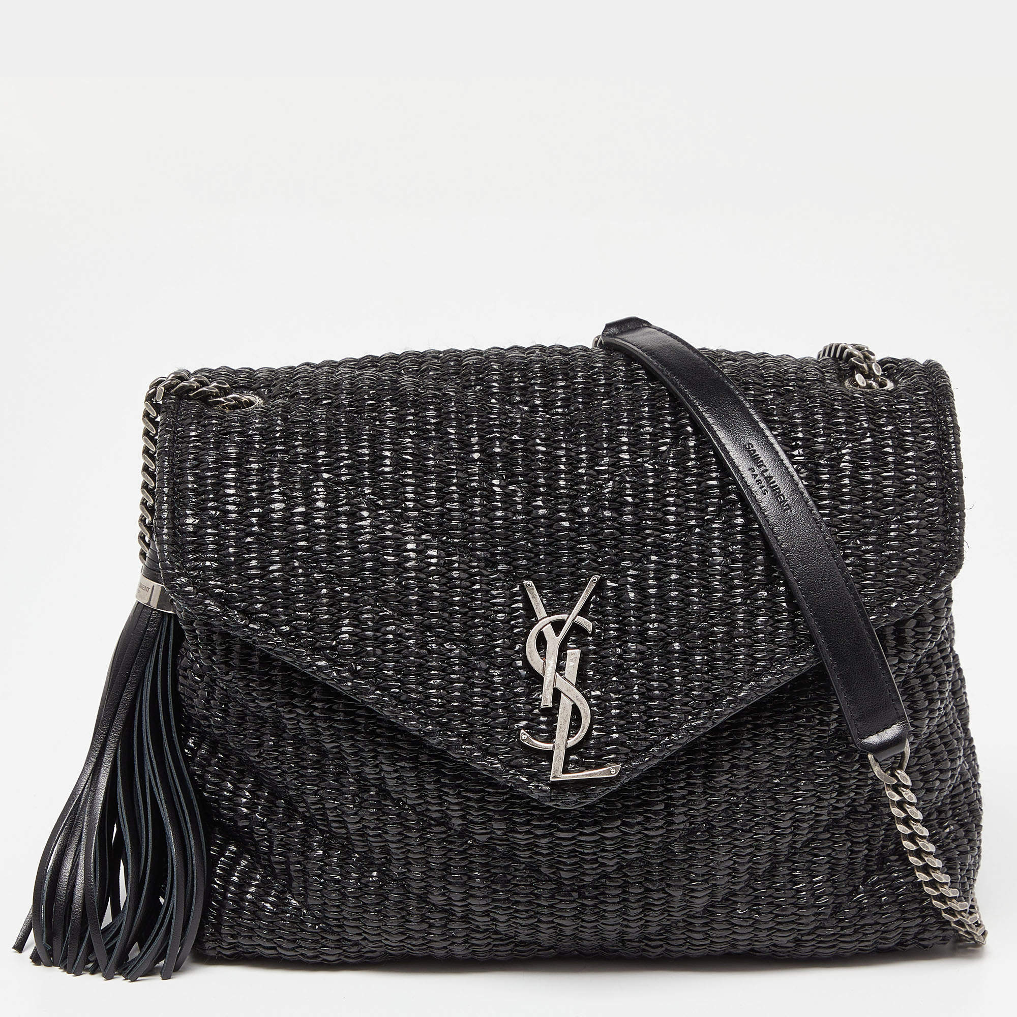 Pre Owned Saint Laurent Black Matelassé Raffia and Leather Loulou Crossbody Bag