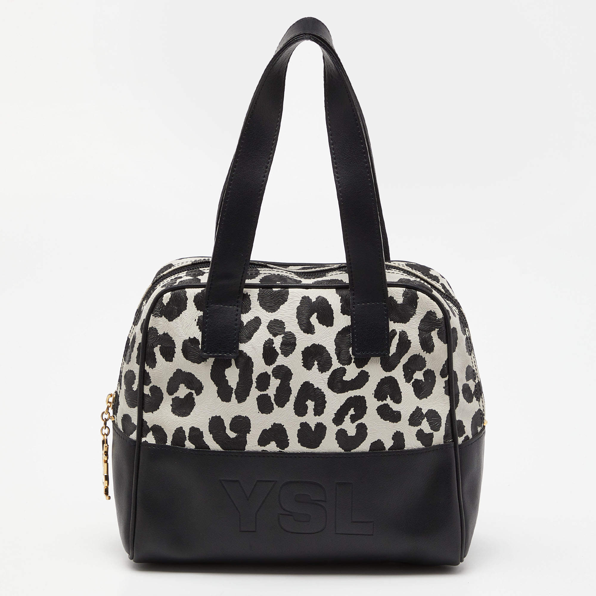 Pre Owned Yves Saint Laurent Black/White Leopard Print Coated Canvas and Leather Satchel