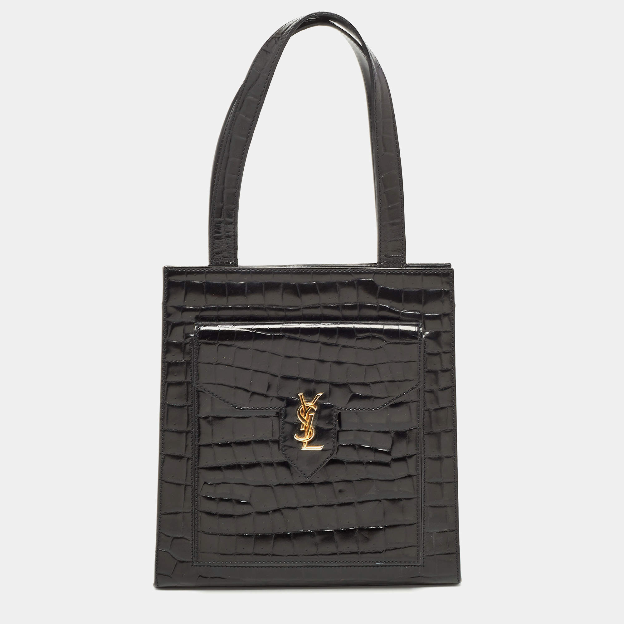 Pre Owned Yves Saint Laurent Black Shine Croc Embossed Leather Tote