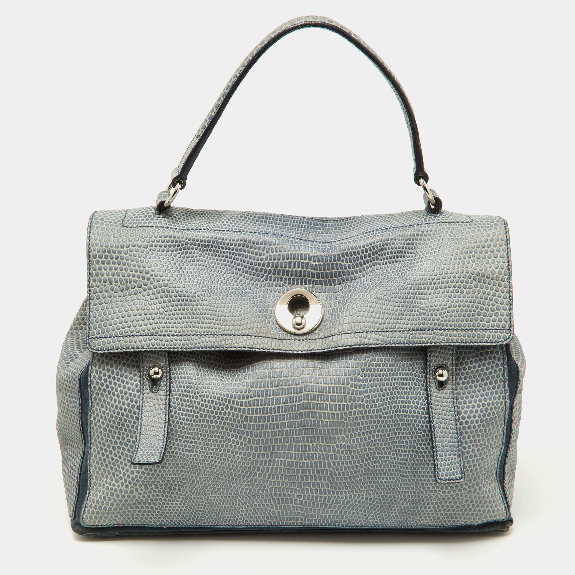 Yves Saint Laurent Blue Croc Embossed Leather and Suede Large Muse Two Top Handle Bag
