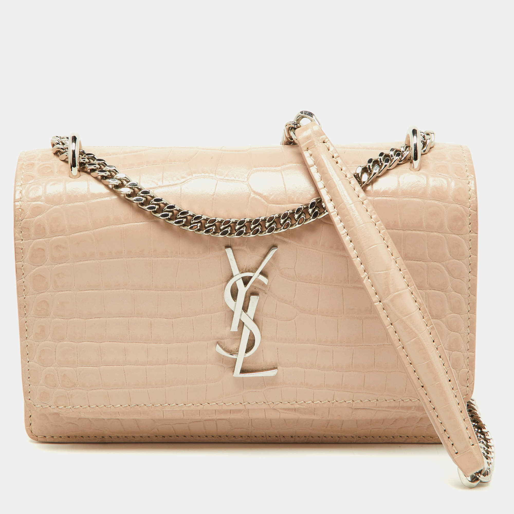 Pre Owned Saint Laurent Pink Croc Embossed Leather Sunset Wallet On Chain