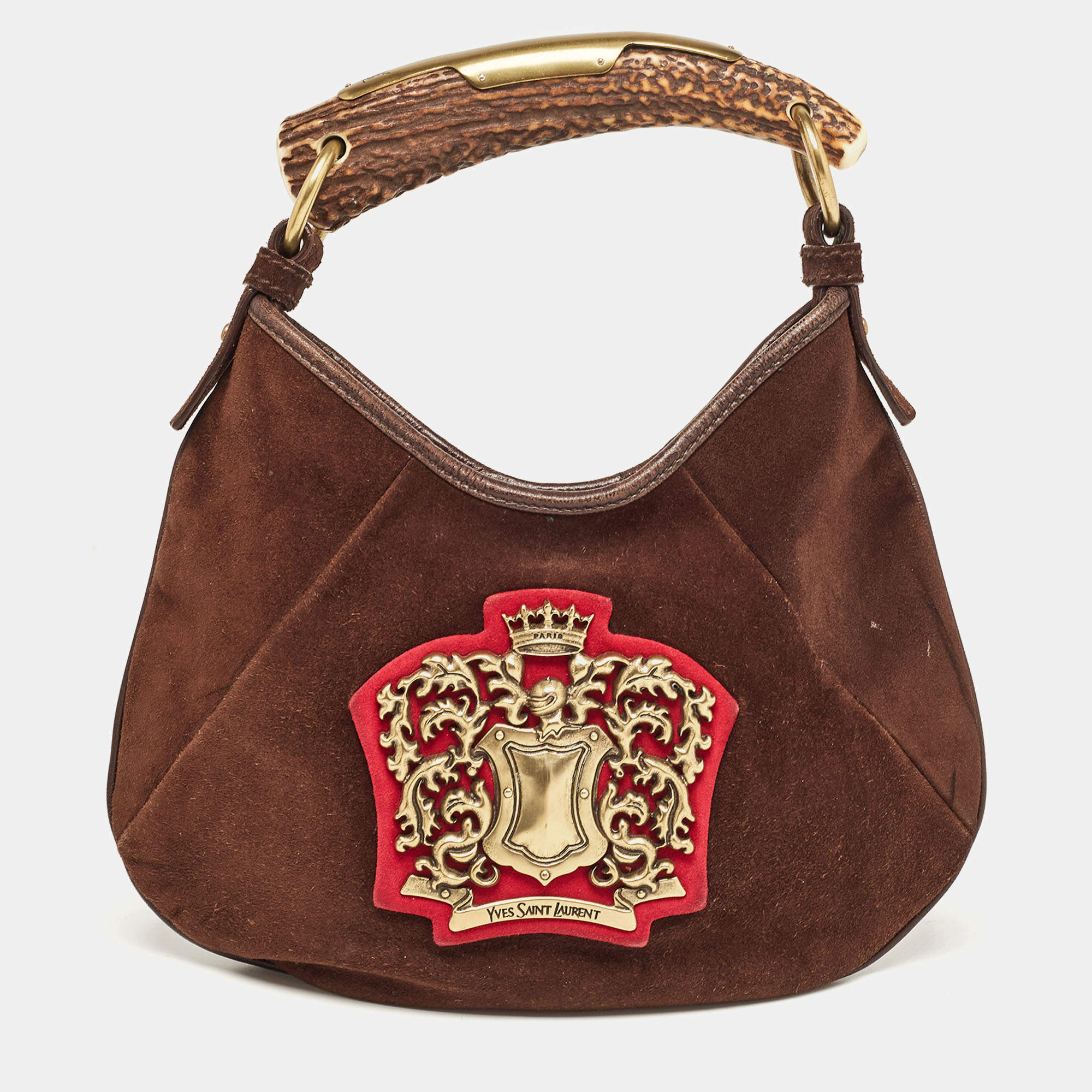 Pre Owned Yves Saint Laurent Dark Brown Suede Mombasa Crest Hobo