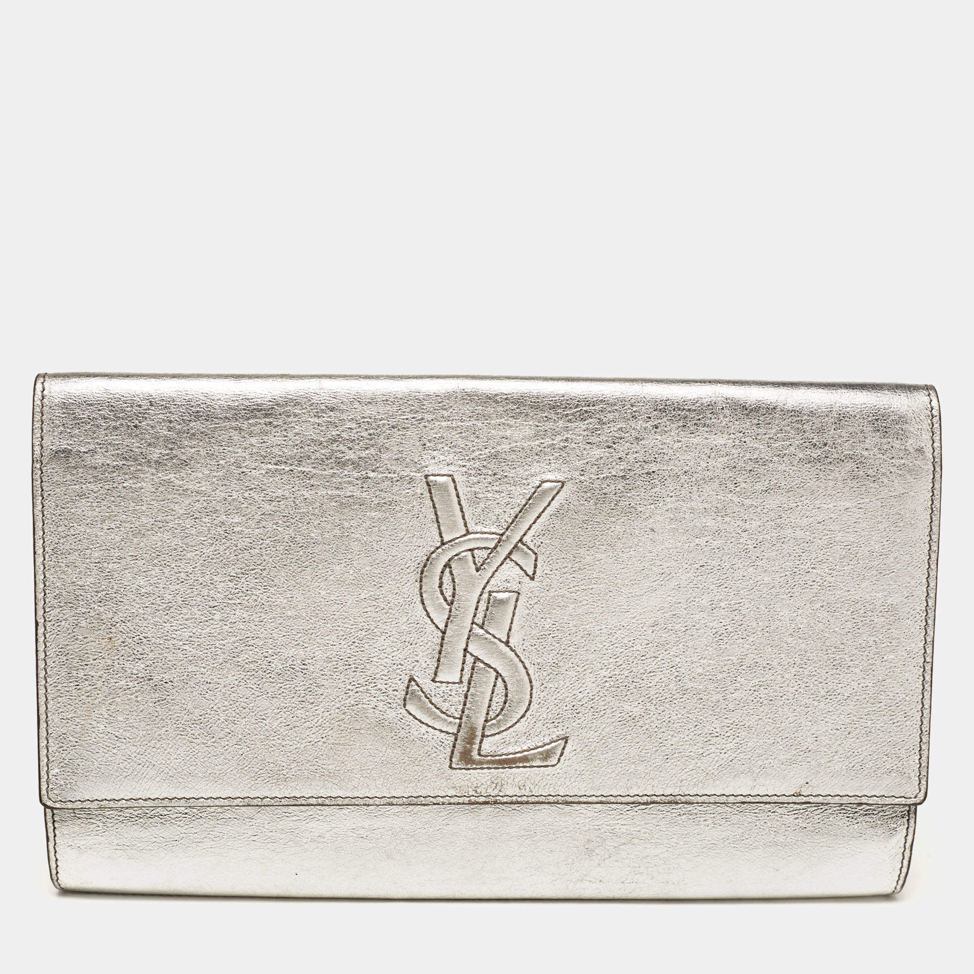 Pre Owned Yves Saint Laurent Silver Leather Belle De Jour Flap Clutch